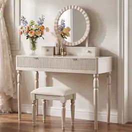 Loheer - Makeup Vanity Table with Round Mirror, Four Drawers and Stool - Champagne