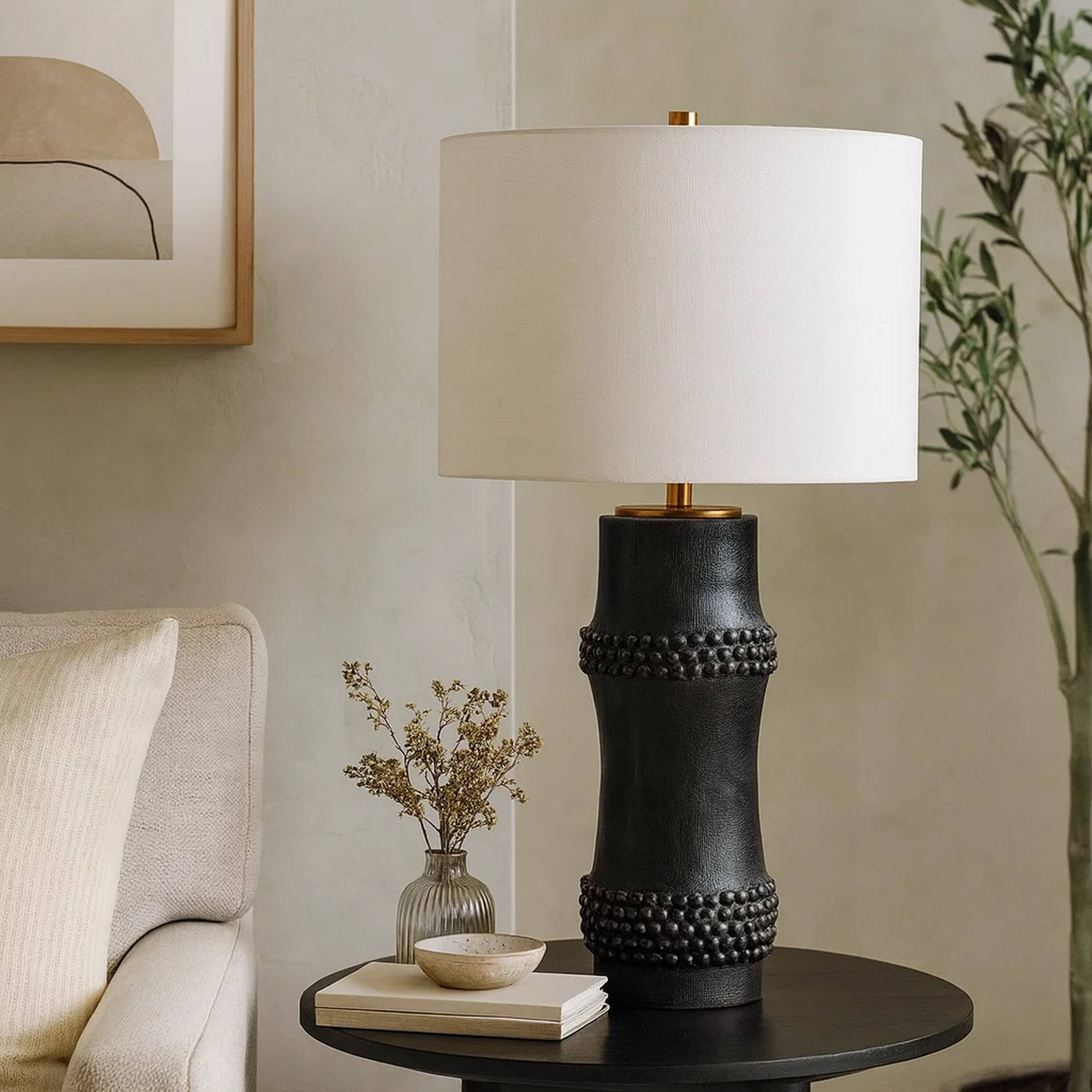Alt View 2. Manhattan Lane - Lemy 28 Inch Table Lamp, Linen Drum Shade, Dotted Base - Black, White, Brass.