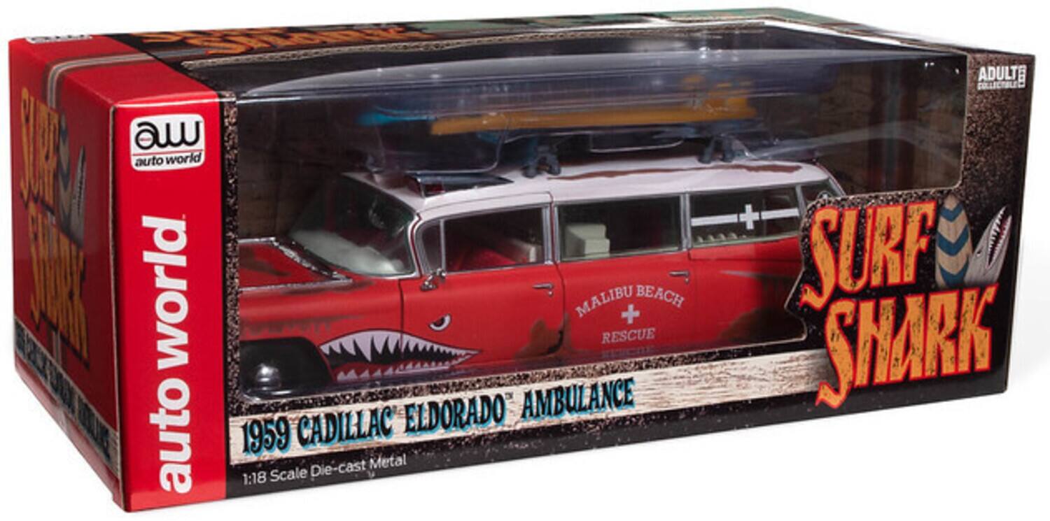 auto world  
1959 CADILLAC ELORADO AMBULANCE  
1:18 Scale Die-cast Metal  
MALIBU BEACH RESCUE  
SURF SHARK