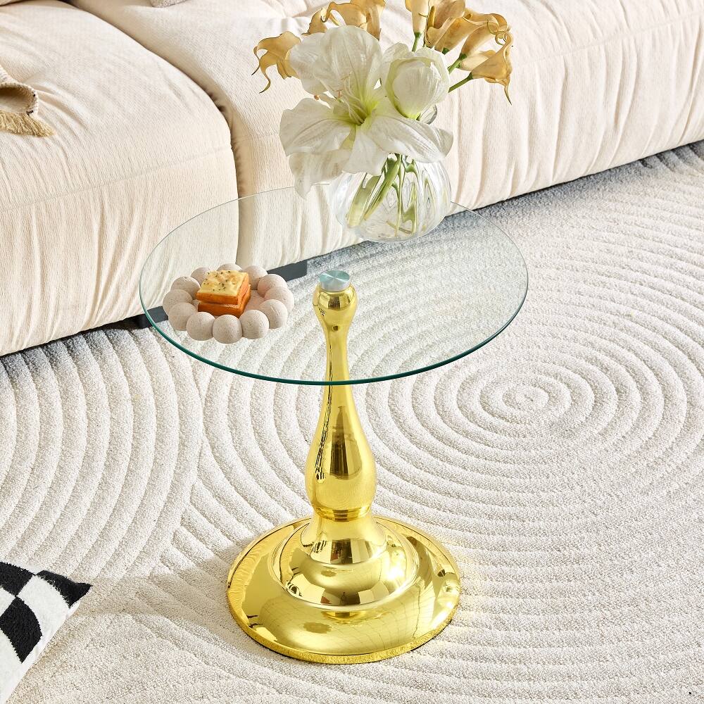 Angle. Loheer - Loheer Small Metal Side Table Round Glass Top Gold End Table - Gold.