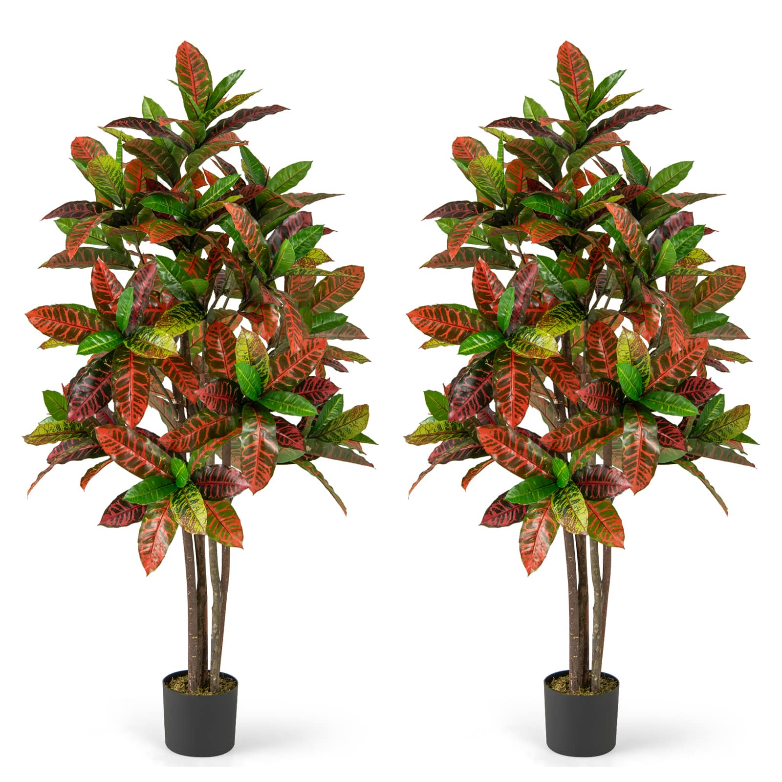 Gymax - 2PCS 5 FT Artificial Croton Plant w/ Multi-colored PEVA Leaves Solid Wood Trunk - Green, Red, Yellow, Brown
