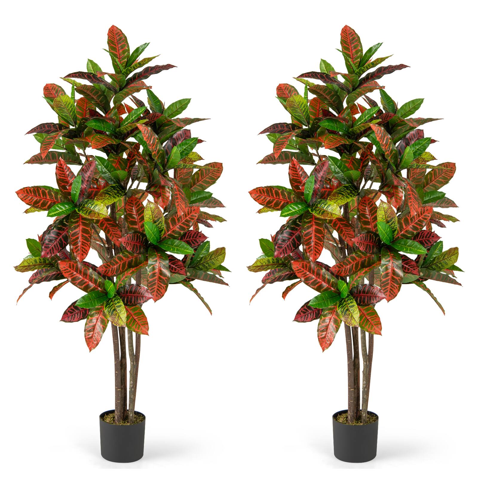 Front. Gymax - Gymax 2PCS 5 FT Artificial Croton Plant w/ Multi-colored PEVA Leaves Solid Wood Trunk - Green, Red, Yellow, Brown.