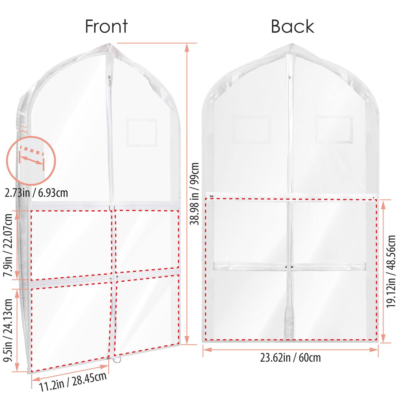 Front:  
- Height: 99 cm / 38.98 in  
- Width: 23.62 in / 60 cm  
- Depth: 11.2 in / 28.45 cm  
- Height from bottom to top edge: 7.9 in / 20.07 cm  
- Width from bottom to top edge: 9.5 in / 24.13 cm  

Back:  
- Height: 99 cm / 38.98 in  
- Width: 23.62 in / 60 cm  
- Depth: 11.2 in / 28.45 cm  
- Height from bottom to top edge: 7.9 in / 20.07 cm  
- Width from bottom to top edge: 9.5 in / 24.13 cm  

Additional Measurement:  
- 2.73 in / 6.93 cm