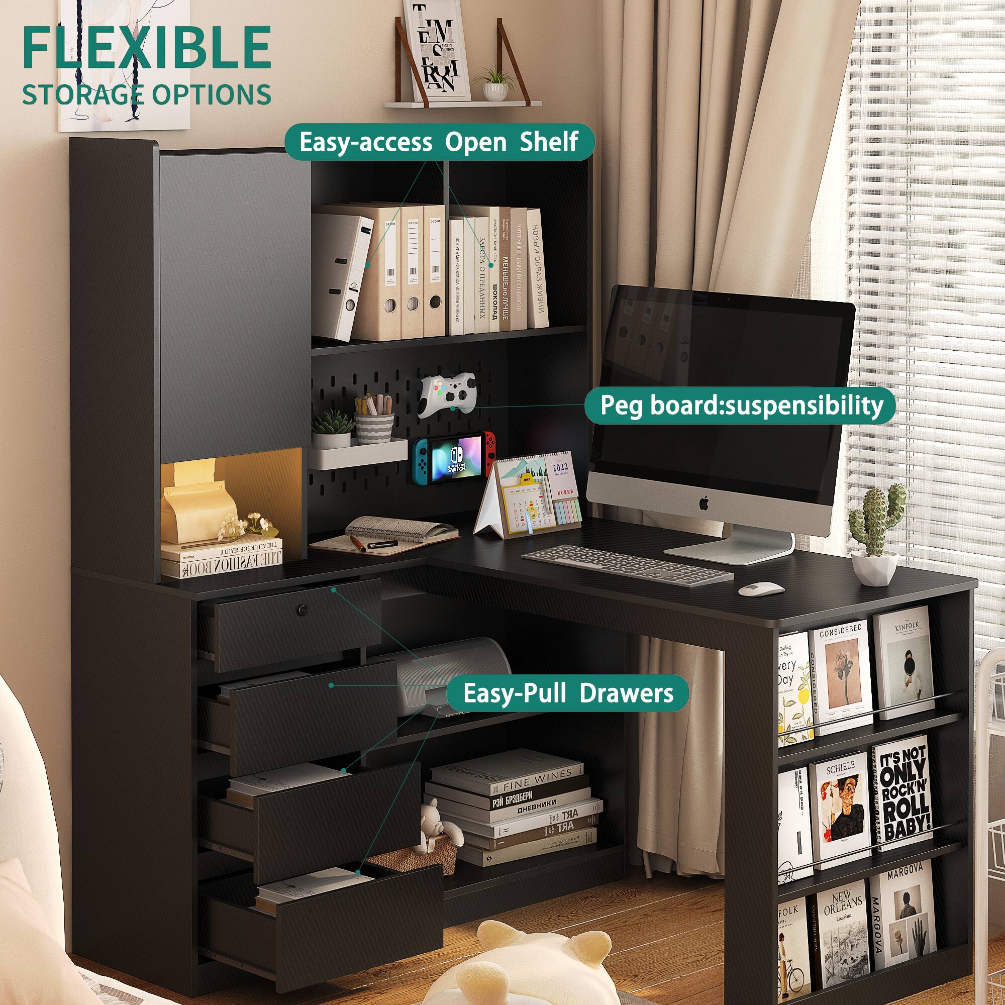 FLEXIBLE STORAGE OPTIONS

- Easy-access Open Shelf
- Peg board: suspensibility
- Easy-Pull Drawers

Books and items on the shelves include titles like:
- "FASHION THE AXWI"
- "CONSIDERED"
- "IT'S NOT SCHULE ONLY ROCKN ROLL BABY!"
- "NEW ORLEANS / MANGROVA"