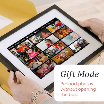 Pause Delete G Rotate Mode Sleep 4 Settings Albums Gallery Exit K Gift Mode
Preload photos without opening the box.