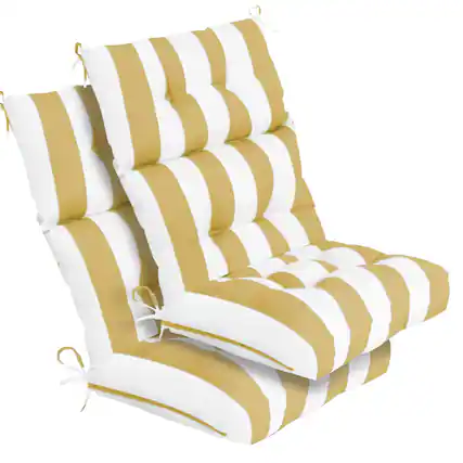 Front. Chateau Abodes - 2-Pack Outdoor High Back Chair Cushions, 44"x22"x4" Fade-Resistant Waterproof Tufted Pads with Ties - Yellow White.