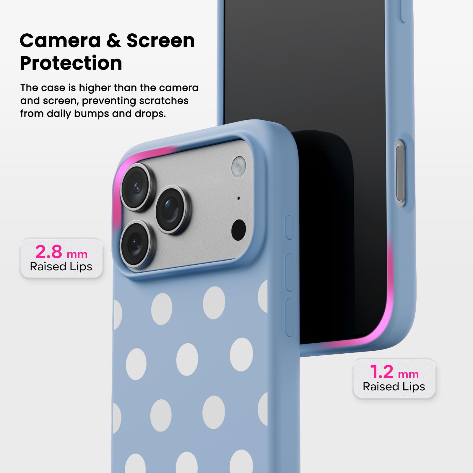 Camera & Screen Protection  
The case is higher than the camera and screen, preventing scratches from daily bumps and drops.  
2.8 mm Raised Lips  
1.2 mm Raised Lips