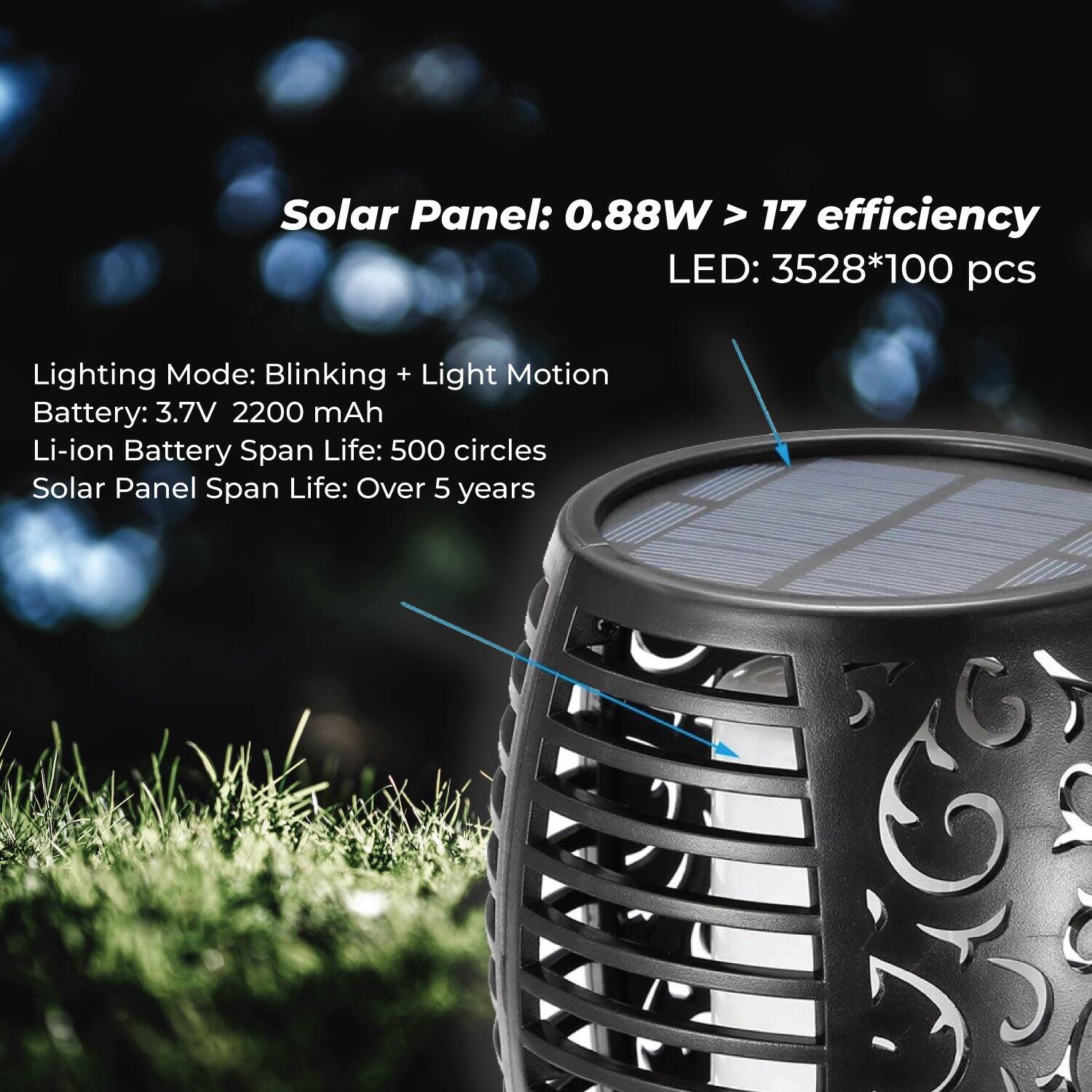Solar Panel: 0.88W > 17 efficiency  
LED: 3528*100 pcs  

Lighting Mode: Blinking + Light Motion  
Battery: 3.7V 2200 mAh Li-ion Battery  
Span Life: 500 circles  
Solar Panel Span Life: Over 5 years