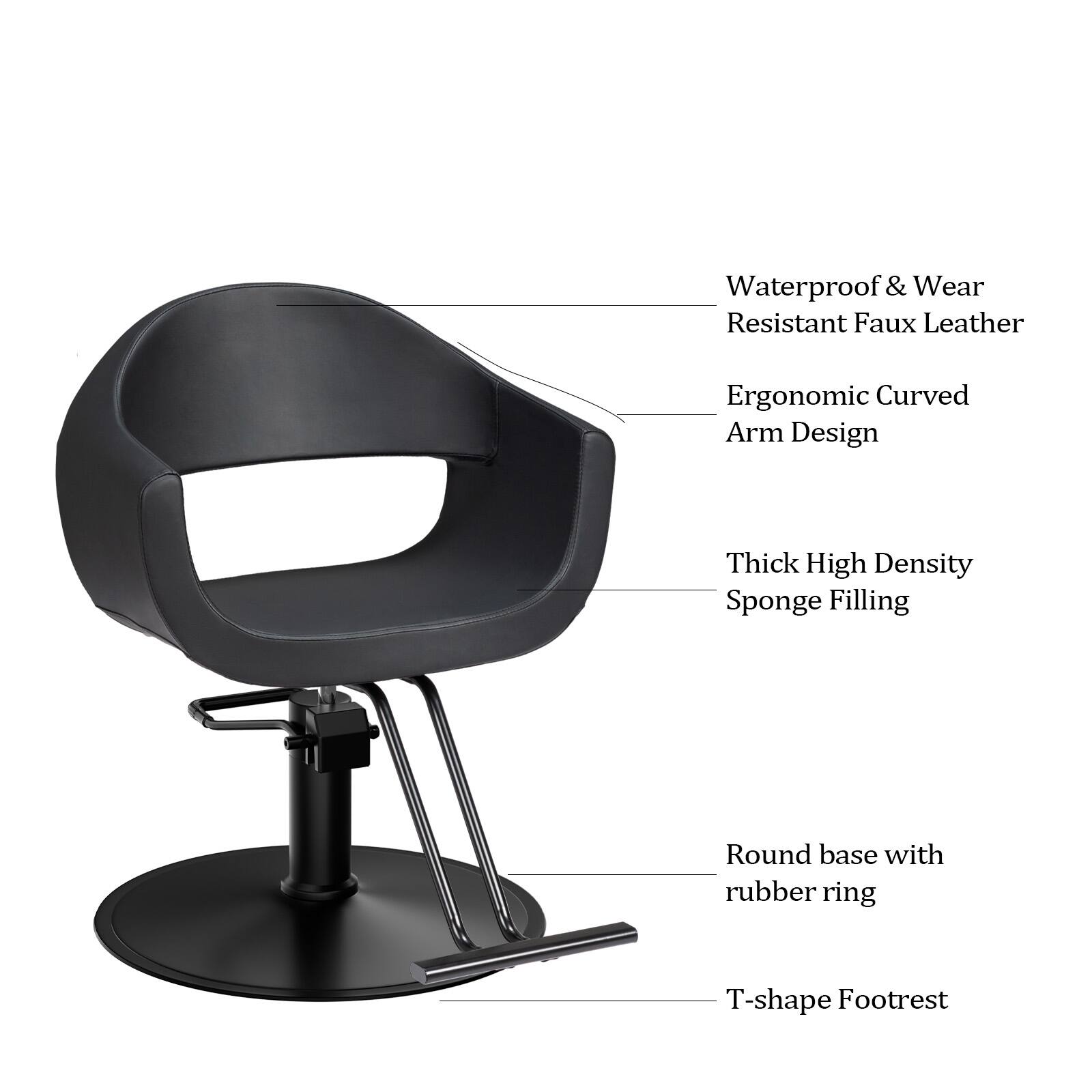 Waterproof & Wear Resistant Faux Leather  
Ergonomic Curved Arm Design  
Thick High Density Sponge Filling  
Round base with rubber ring  
T-shape Footrest