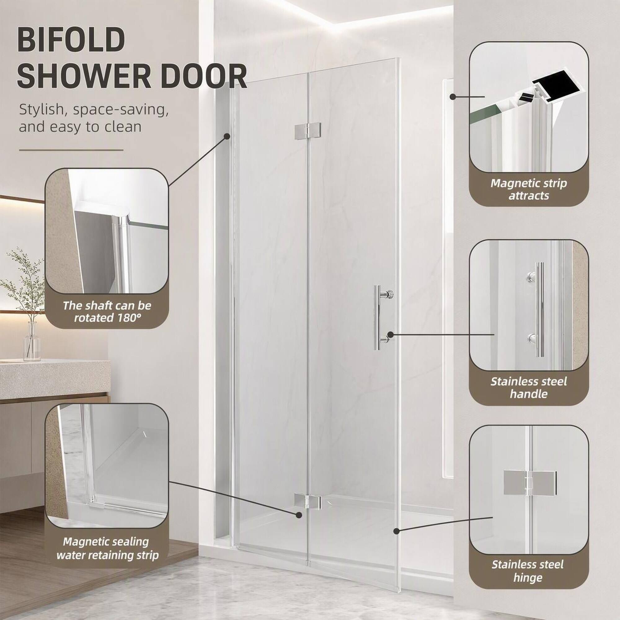 BIFOLD SHOWER DOOR  
Stylish, space-saving, and easy to clean  

- Magnetic strip attracts  
- The shaft can be rotated 180°  
- Stainless steel handle  
- Magnetic sealing water retaining strip  
- Stainless steel hinge