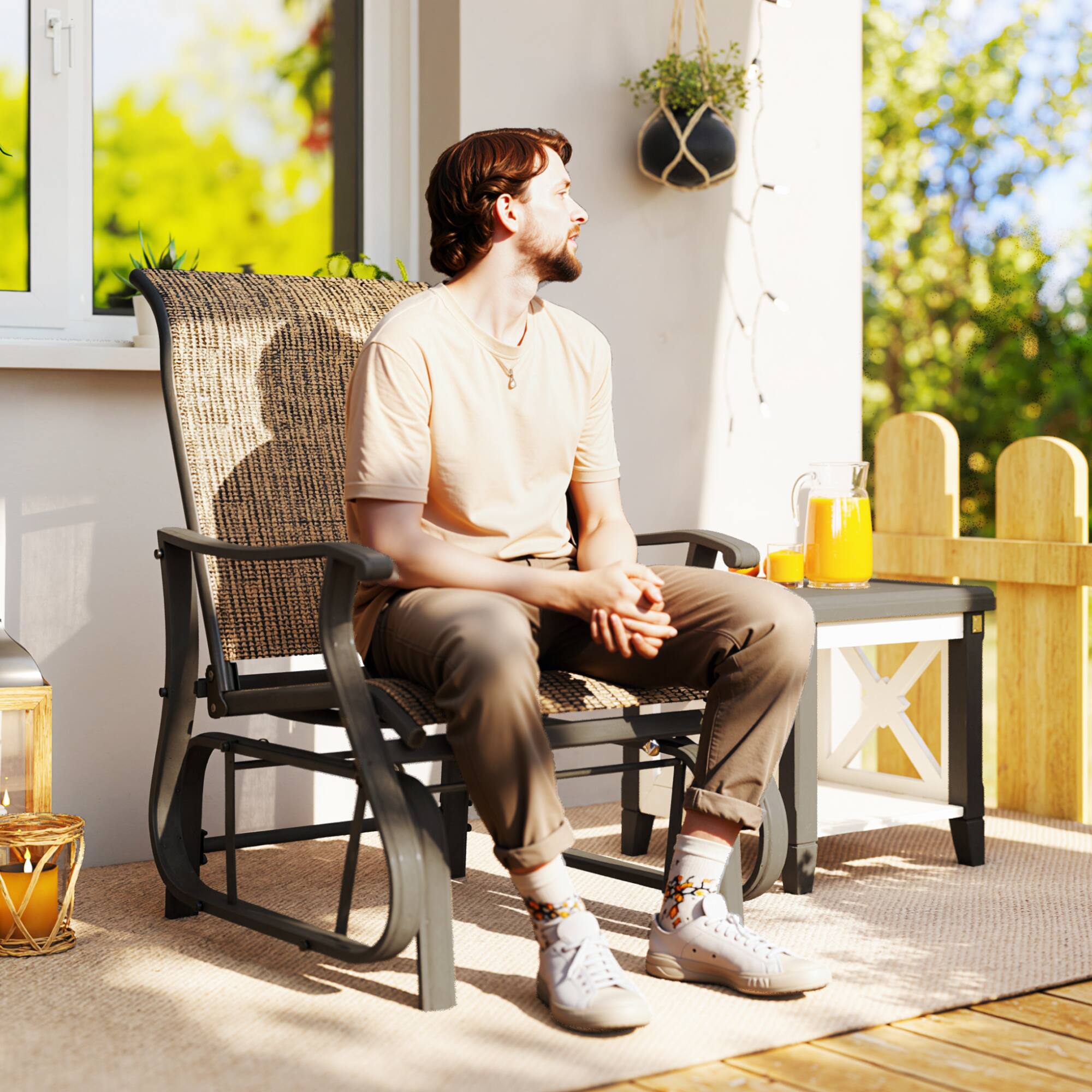 Alt View 1. Outsunny - Glider Chair Patio Glider Swing Chair with Mesh Seat, Steel Frame for Backyard, Garden, Porch - Light Mixed Brown.