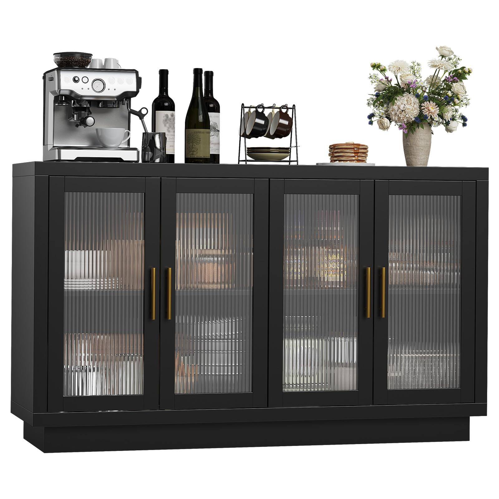 Jojoka - 55" Modern Sideboard Buffet Cabinet with 4 Fluted Glass Doors and Adjustable Shelf - Black