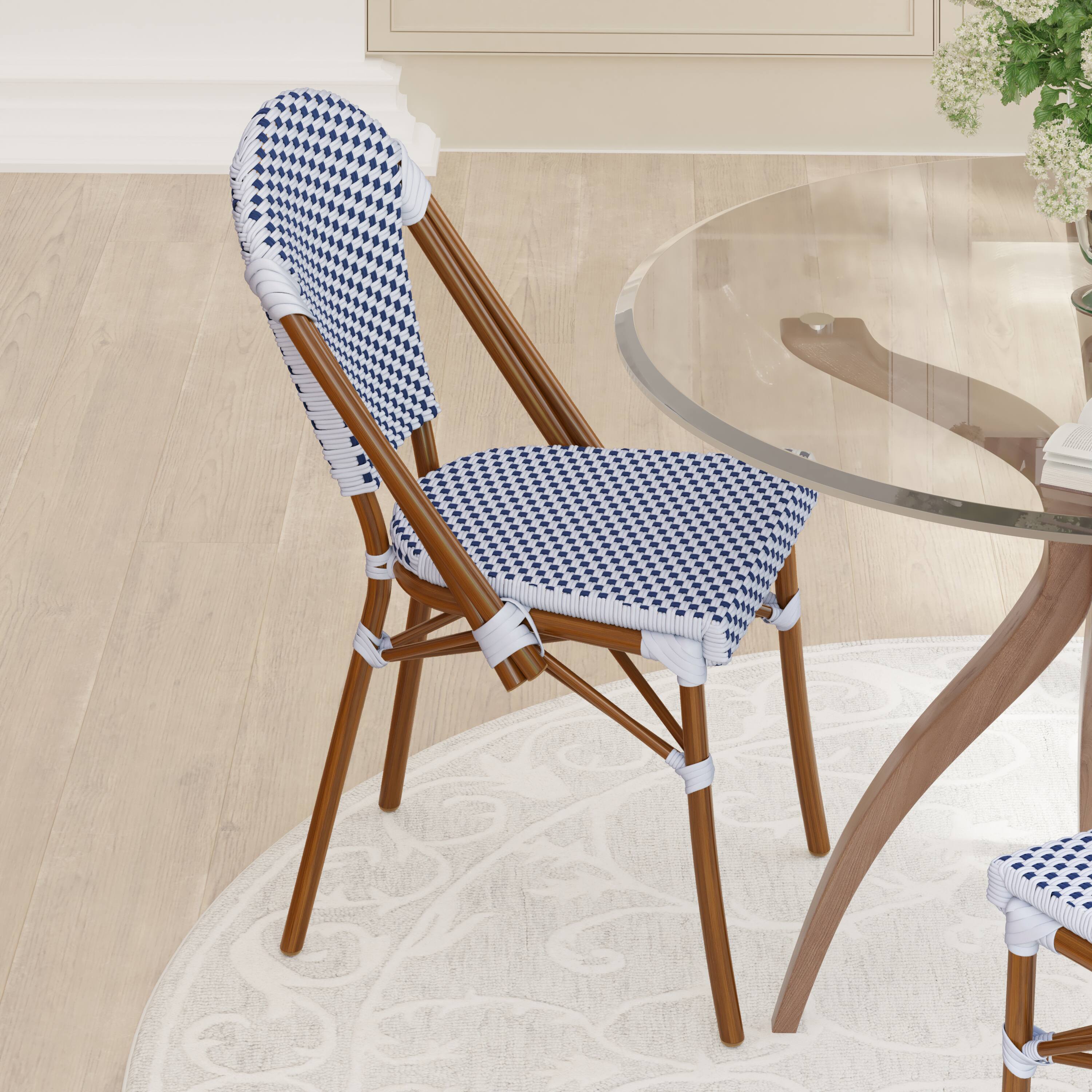 Alt View 4. Emma + Oliver - Colmar Indoor/Outdoor Stacking Bistro Chairs with Aluminum Frame - White & Navy/Natural Frame.