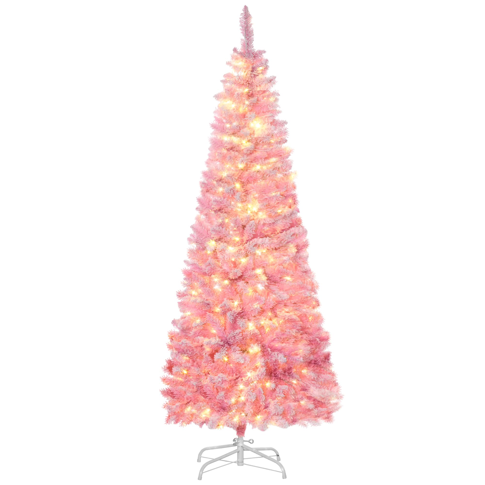 Homcom - Prelit Snow Flocked Pencil Artificial Christmas Tree,Realistic Pine Branches, Warm White LEDs, Auto Open - Pink