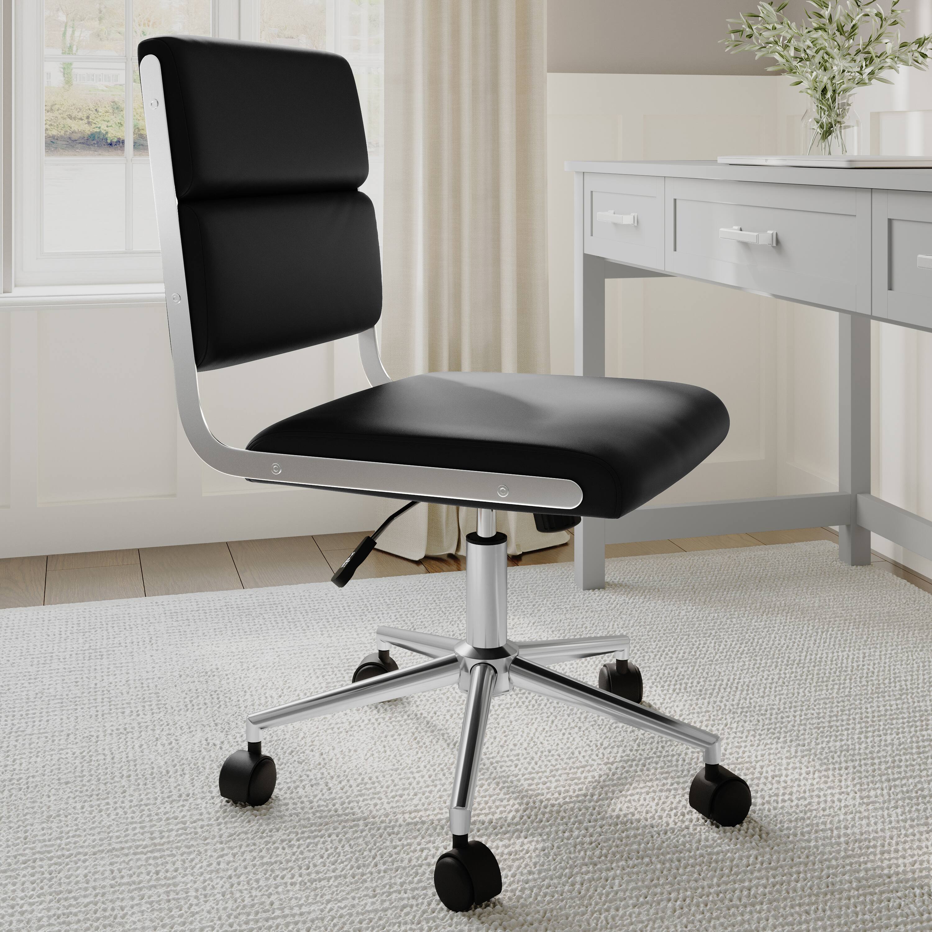 Alt View 4. Martha Stewart - Lulu Upholstered Height-Adjust Swivel Home Office Chair - Black Faux Leather/Polished Nickel Frame.