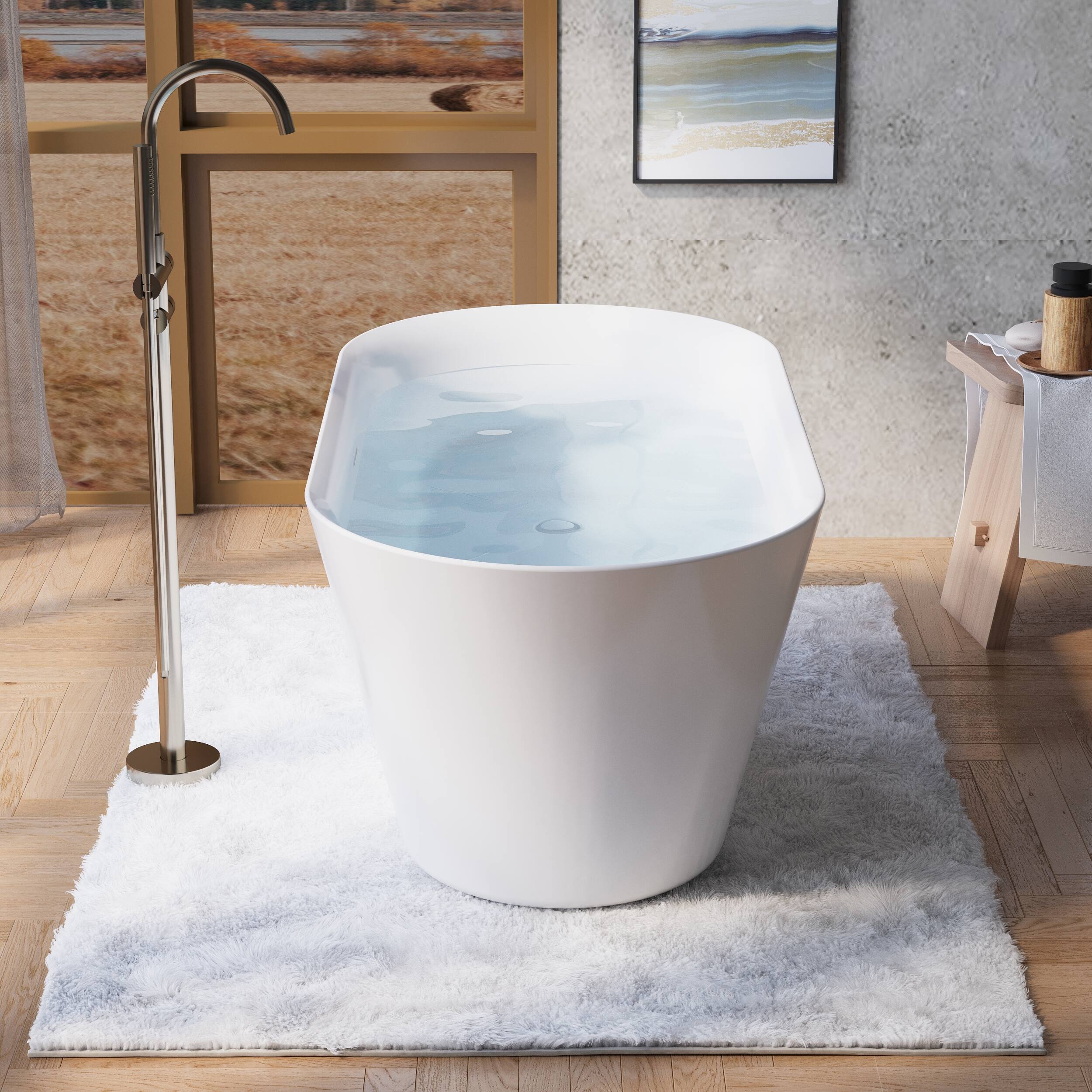 Left. WELLFOR - Sable 60 in. Acrylic Flatbottom Double Ended Freestanding Soaking  Bathtub with Drain and Overflow - White.