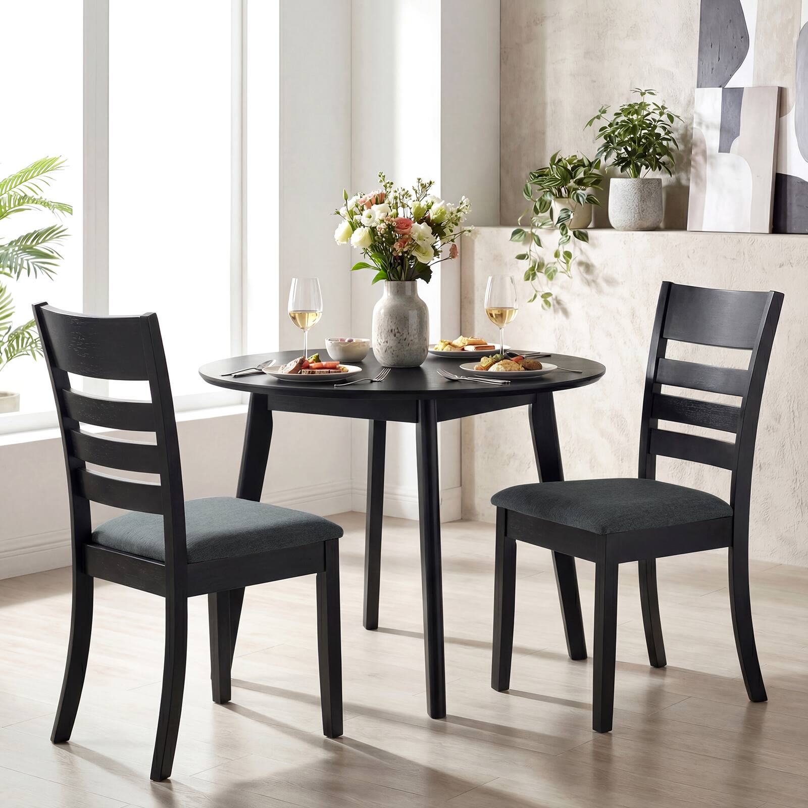 Alt View 1. Costway - Costway Wooden Dining Chairs Set of 2 with Rubber Wood Frame, Curved Slatted Backrest - Dark Gray.