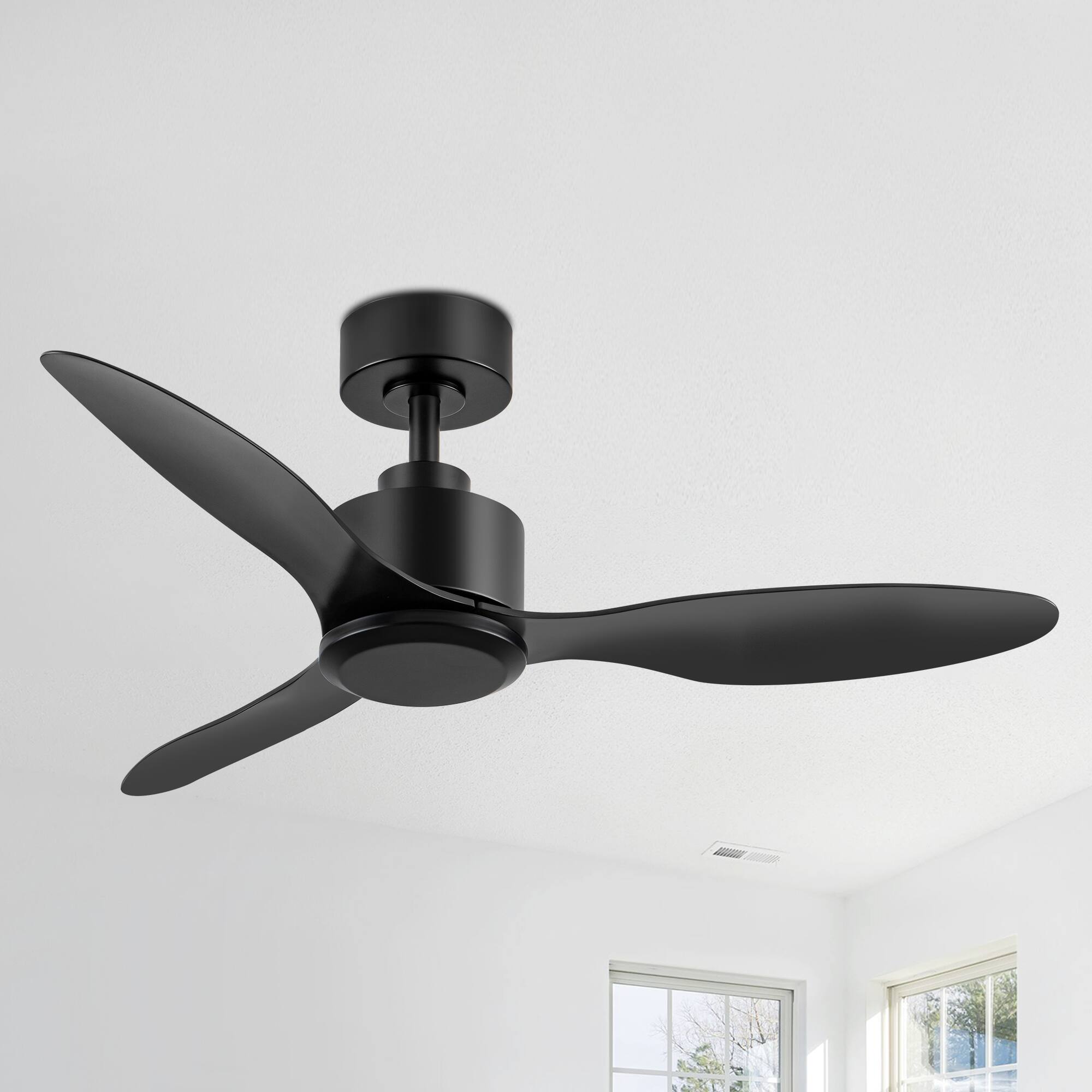 Angle. Breezary - 42" Modern Indoor Ceiling Fan, 3 ABS Blades, 6-Speed DC Motor, Remote Control, Timer, 5'' Downrod, Light/No Light Option - Matte Black (Without Light).