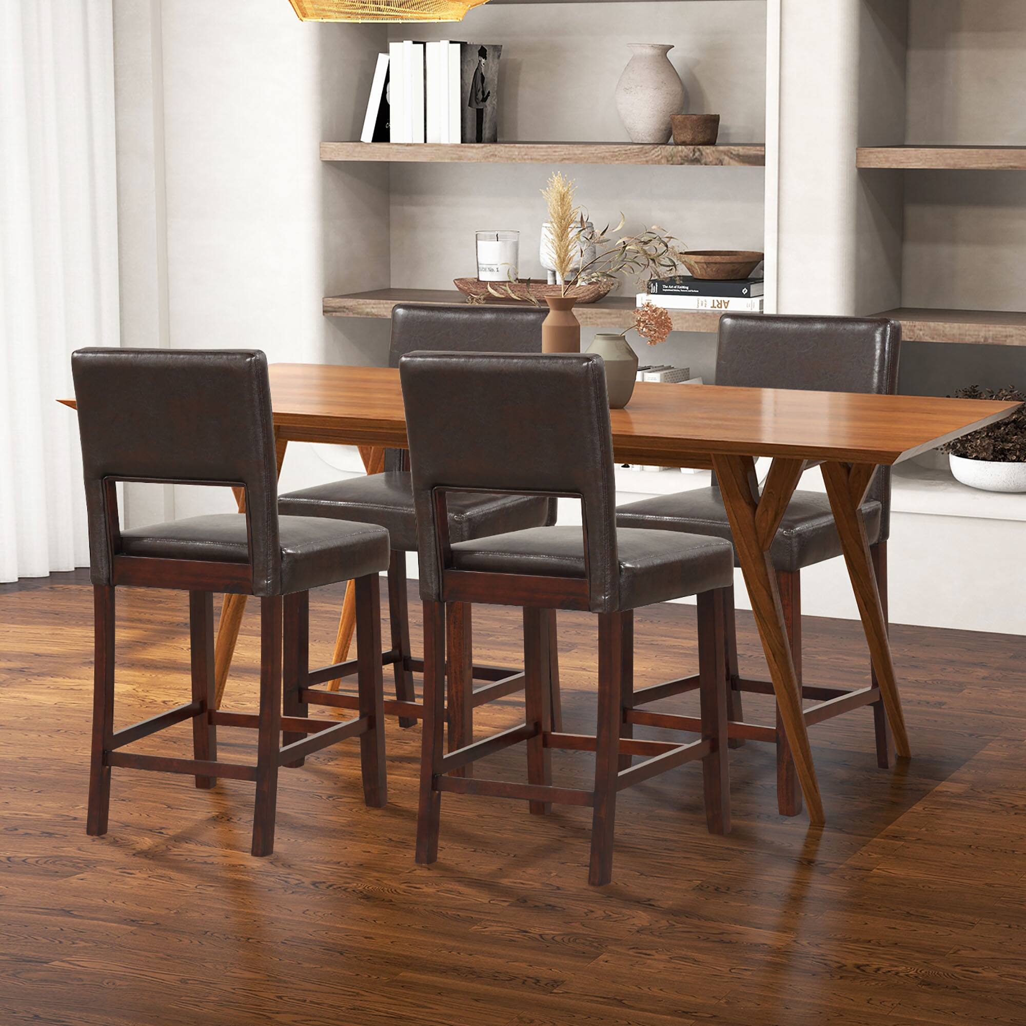 Alt View 4. Gymax - Gymax 4-Piece PVC Leather Counter Height Bar Stool Set w/ Back & Rubber Wood Legs Brown - Brown.