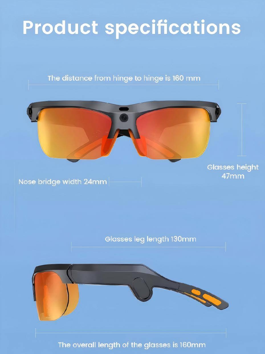 Product specifications

- The distance from hinge to hinge is 160 mm
- Nose bridge width 24mm
- Glasses height 47mm
- Glasses leg length 130mm
- The overall length of the glasses is 160mm