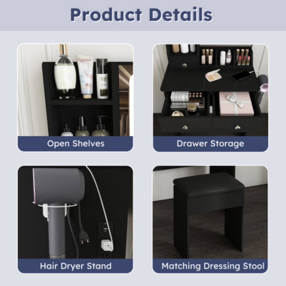 Product Details

- Open Shelves
- Drawer Storage
- Hair Dryer Stand
- Matching Dressing Stool