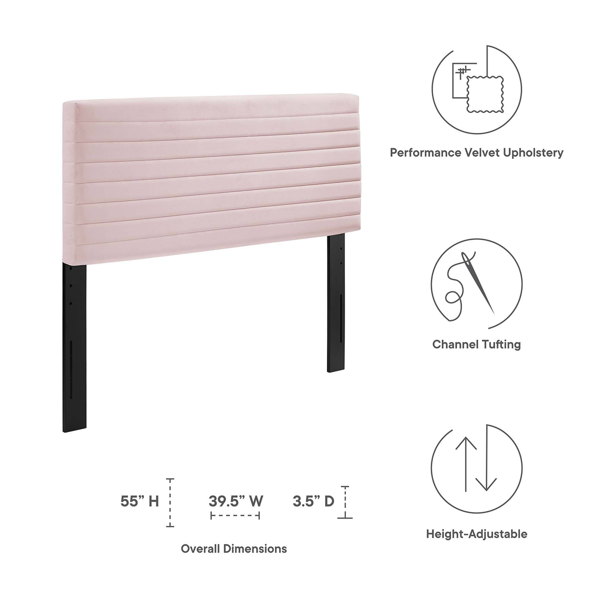 Performance Velvet Upholstery  
Channel Tufting  
Height-Adjustable  

Overall Dimensions:  
Height: 55"  
Width: 39.5"  
Depth: 3.5"