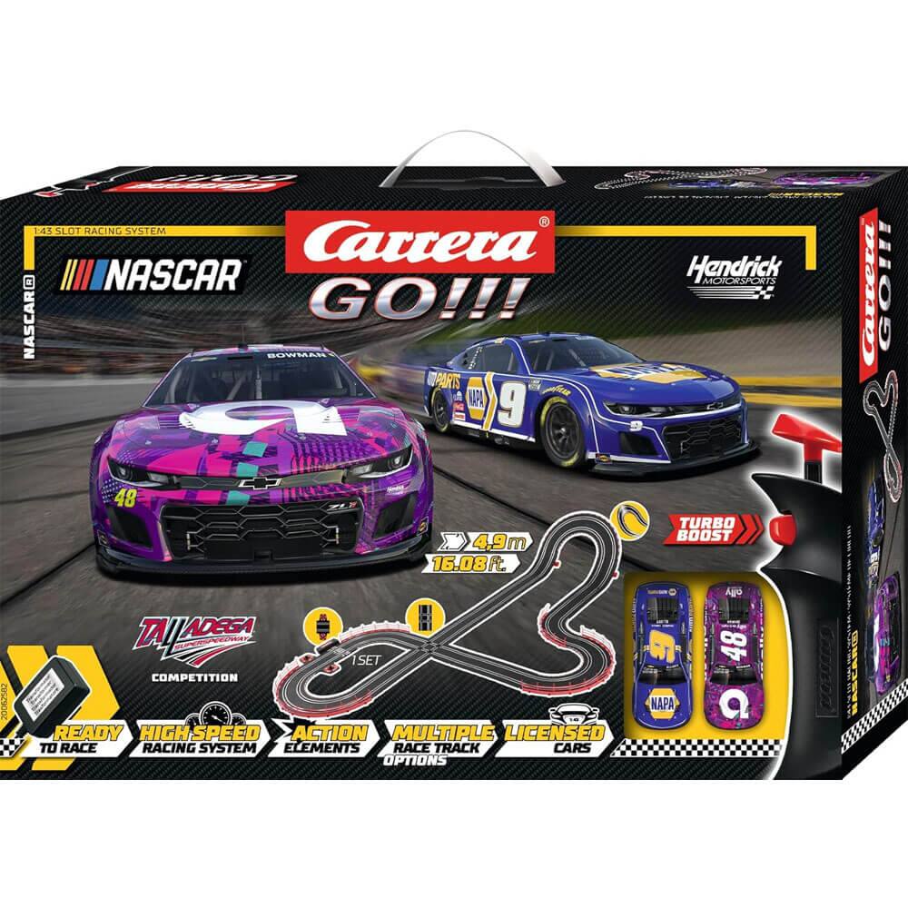 Sure, here is the corrected and grouped text from the image:

---

**Carrera GO!!!**

**NASCAR**

**1:45 SLOT RACING SYSTEM**

**48**  
**4,9m (16.08 ft)**  
**TURBO BOOST**

**HANDRICK MOTORSPORTS**  
**9**

**TAILODEGA**  
**COMPETITION**

**READY TO RACE**  
**HIGH-SPEED ACTION**  
**MULTIPLE LICENSED RACE TRACK ELEMENTS**  
**RACE TRACK OPTIONS**

**MULTIPLE LICENSED CARS**

**NAPA**

**48**  
**9**

**TURBO BOOST**

**1 SET**

**COMPETITION**

**READY TO RACE**

**HIGH-SPEED ACTION**

**MULTIPLE LICENSED RACE TRACK ELEMENTS**

**RACE TRACK OPTIONS**

**MULTIPLE LICENSED CARS**

---

This text is organized to reflect the information and layout on the packaging.