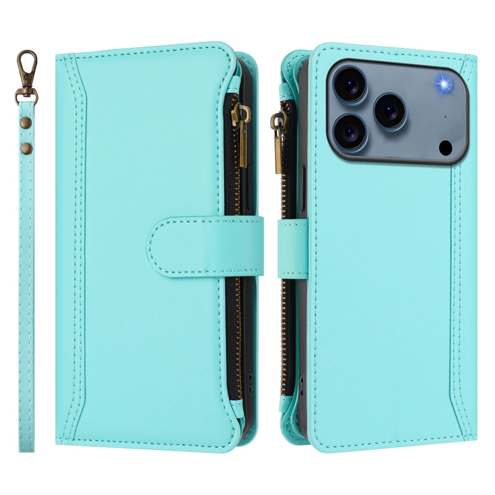 Angle. UUCOVER - Wallet Case for Apple iPhone 17 Pro with Zipper Pocket, Cash Card Slots, Wrist and Shoulder Strap, Flip Stand Cover - Mint.