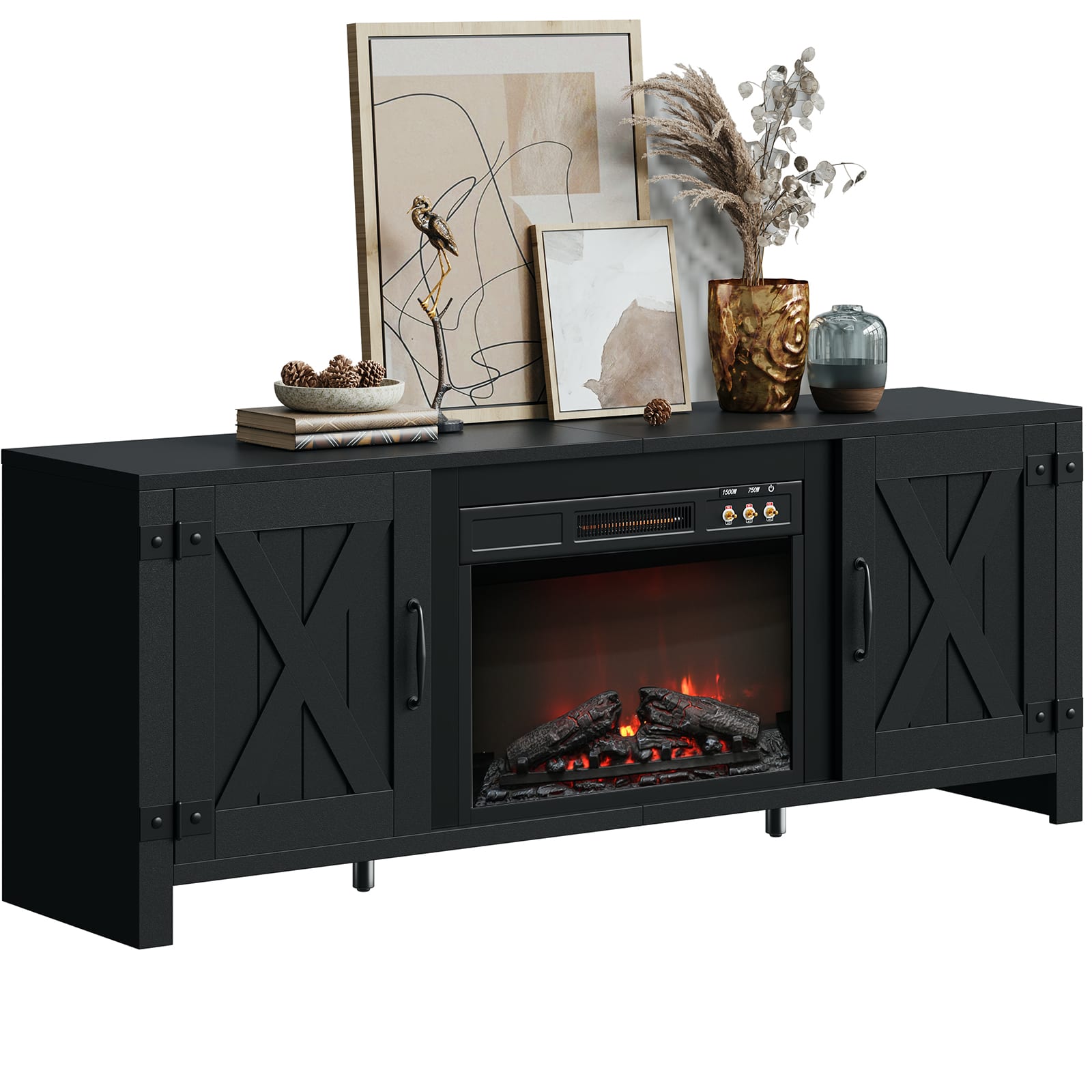 Front. Bestier - Bestier 63" Fireplace TV Stand with Vintage Mechanical Buttons, Farmhouse Entertainment Center for 70" TVs - Black.