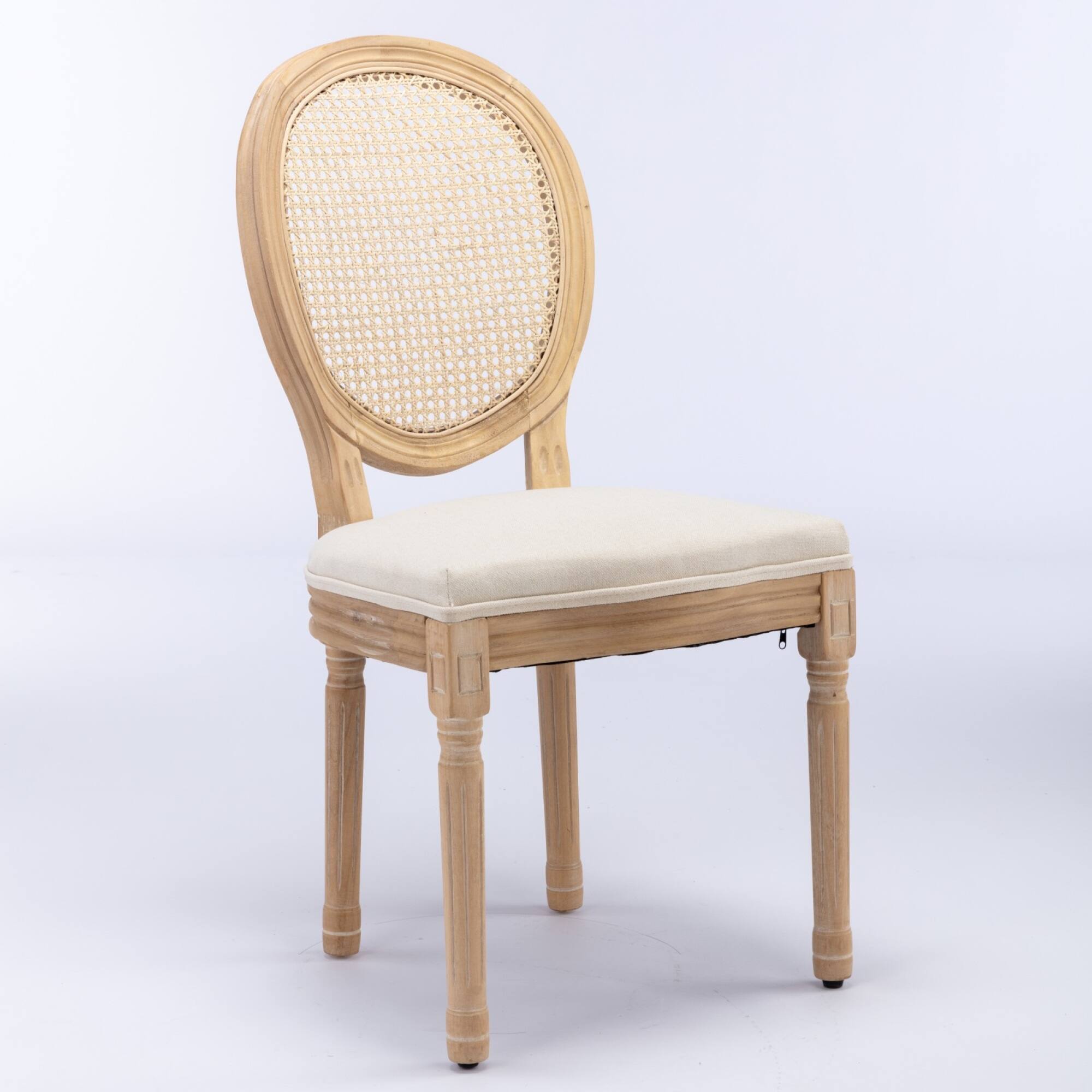 Left. GOODSILO - French Style Solid Wood Dining Chairs with Linen Upholstery and Rattan Backrest, Set of 2 - Beige.