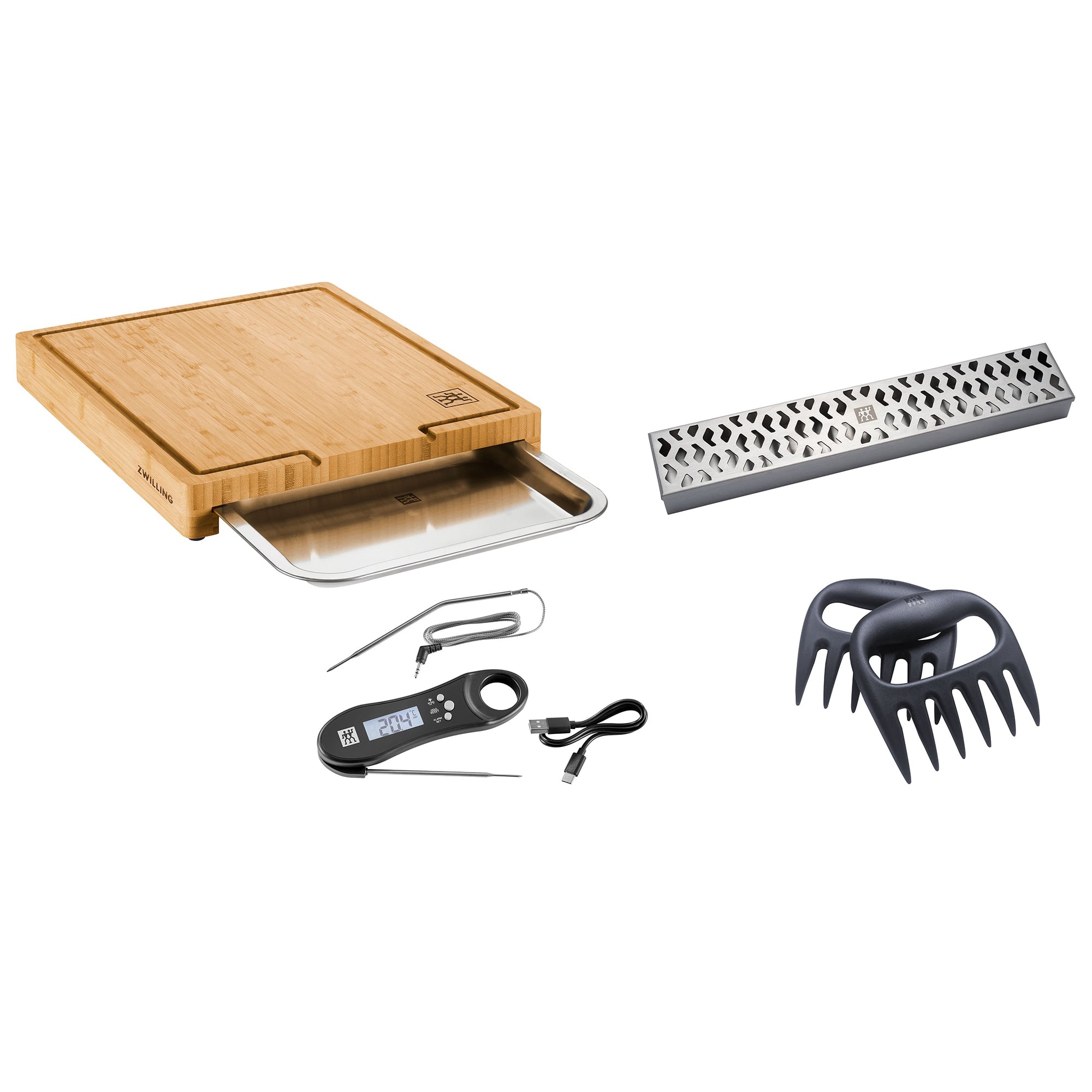 ZWILLING - BBQ+ 4-pc Grill Smoker Set, Bamboo Cutting Board with Tray, Smoker Box, Digital Thermometer, Meat Claws - Stainless Steel