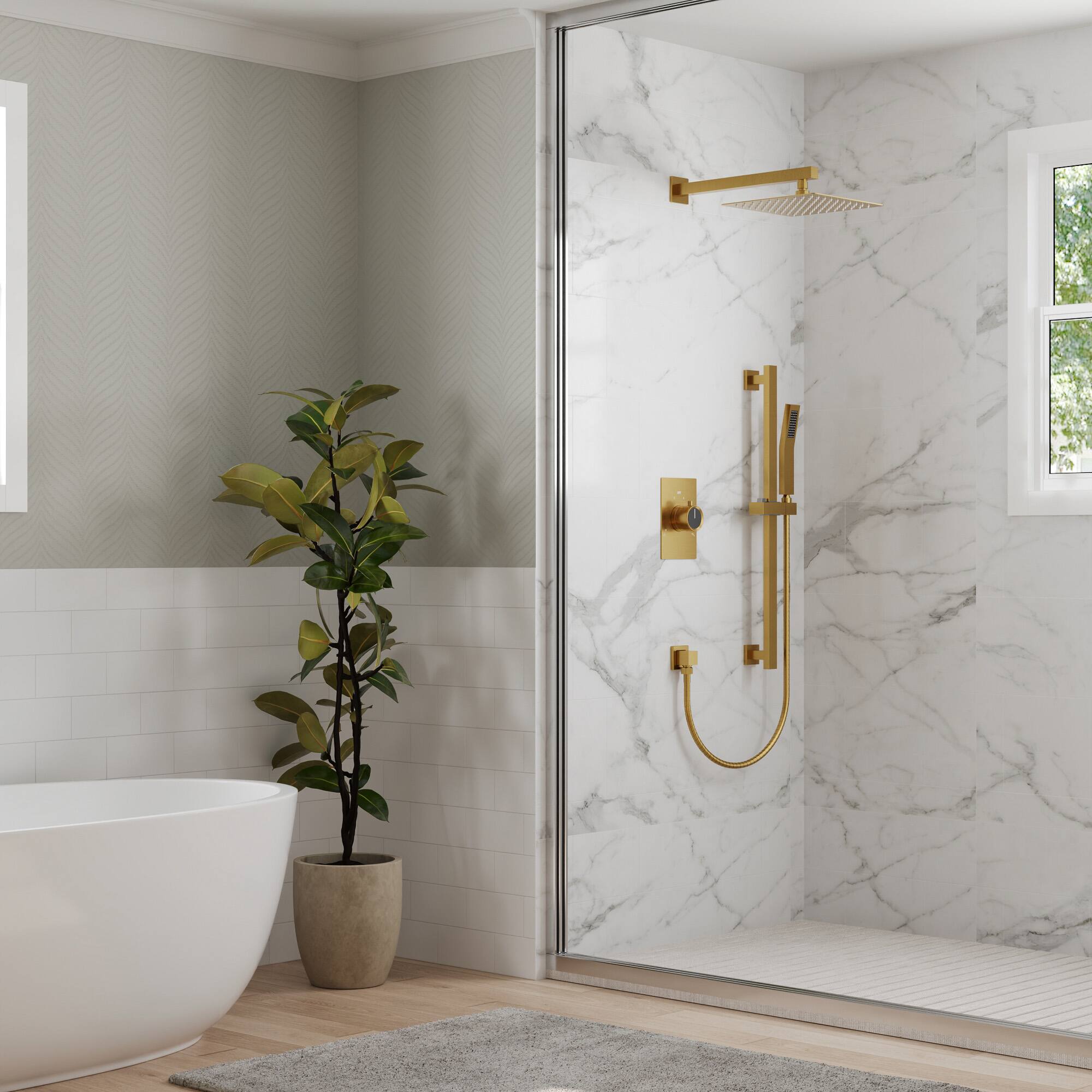 Left. GRANDJOY - 10" High Pressure Rain Shower System with Handheld Shower and 2-Function Mixer Valve - Brushed Gold.