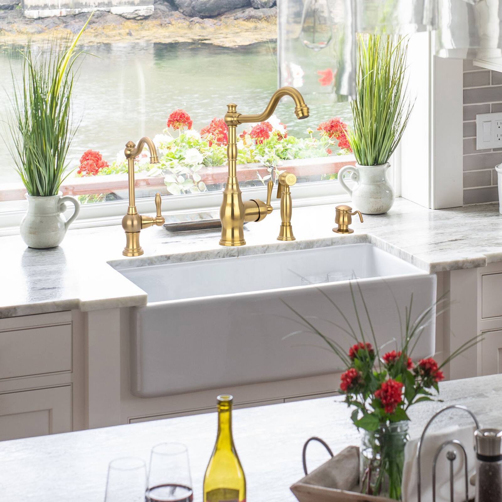 Alt View 5. Akicon - Akicon Solid Brass One-Handle 360° Swivel Widespread Kitchen Faucet with Side Spray in Brushed Gold - Brushed Gold.