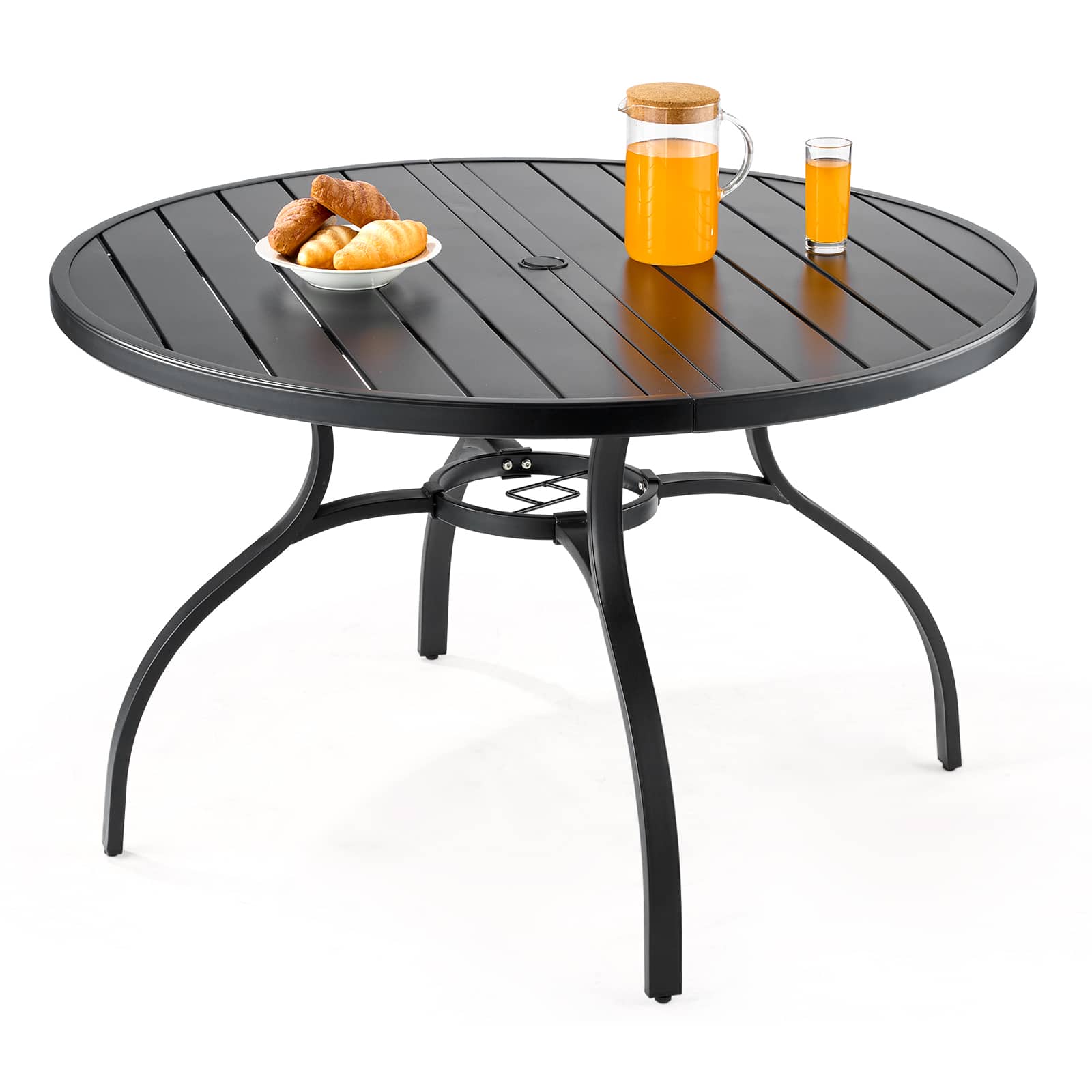 VEVOR - Outdoor Patio Dining Table, 47 inch Round Metal Steel Slat Backyard Bistro Tables, with 1.5 in Umbrella Hole - Black