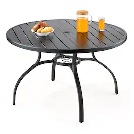 VEVOR - Outdoor Patio Dining Table, 47 inch Round Metal Steel Slat Backyard Bistro Tables, with 1.5 in Umbrella Hole - Black