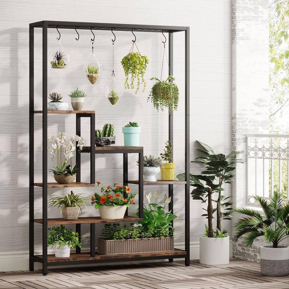 Angle. SlickBlue - Metal Wood Indoor Plant Stand with 10 Hooks, Industrial Look - Black, Brown.