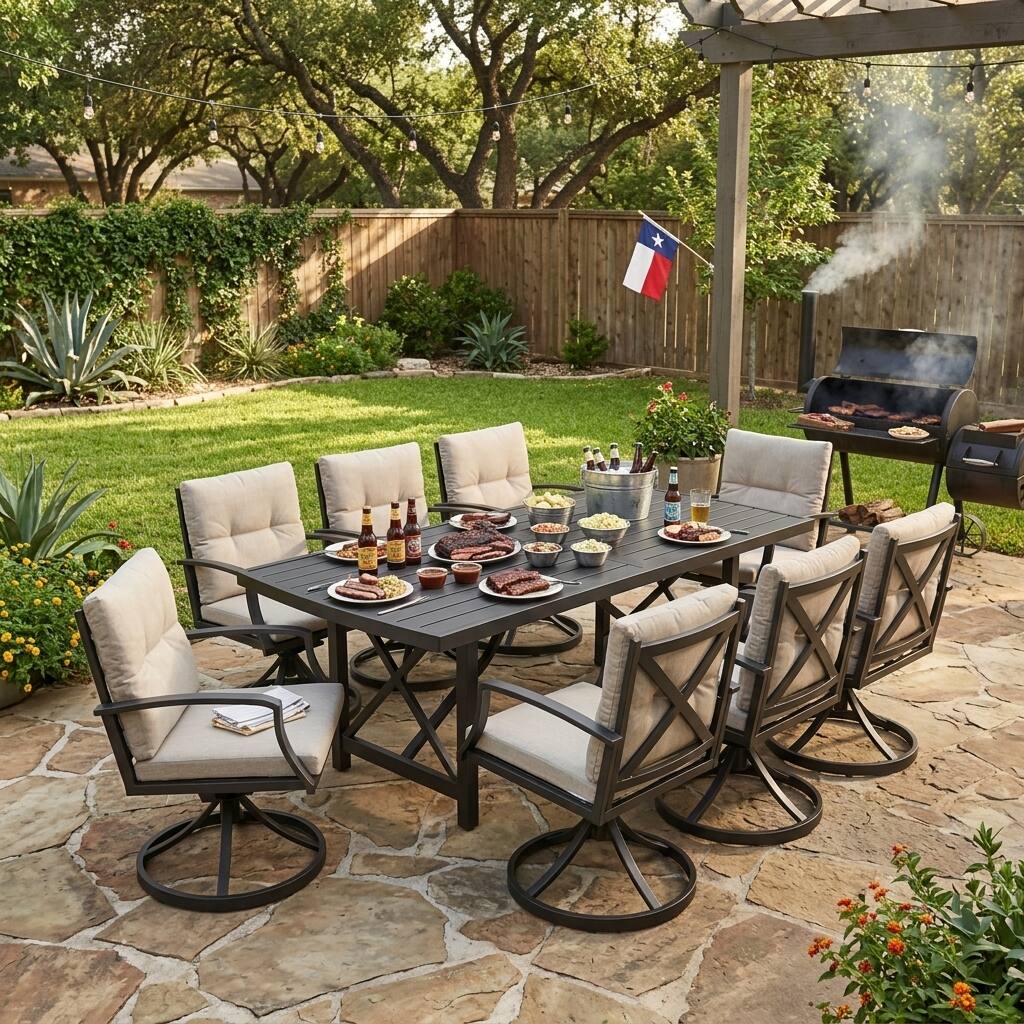 Mondawe - 9-Piece Outdoor Aluminum Patio Dining Set, Double-Splice Large Dining Table with 8 Swivel Chairs - Dark Gray