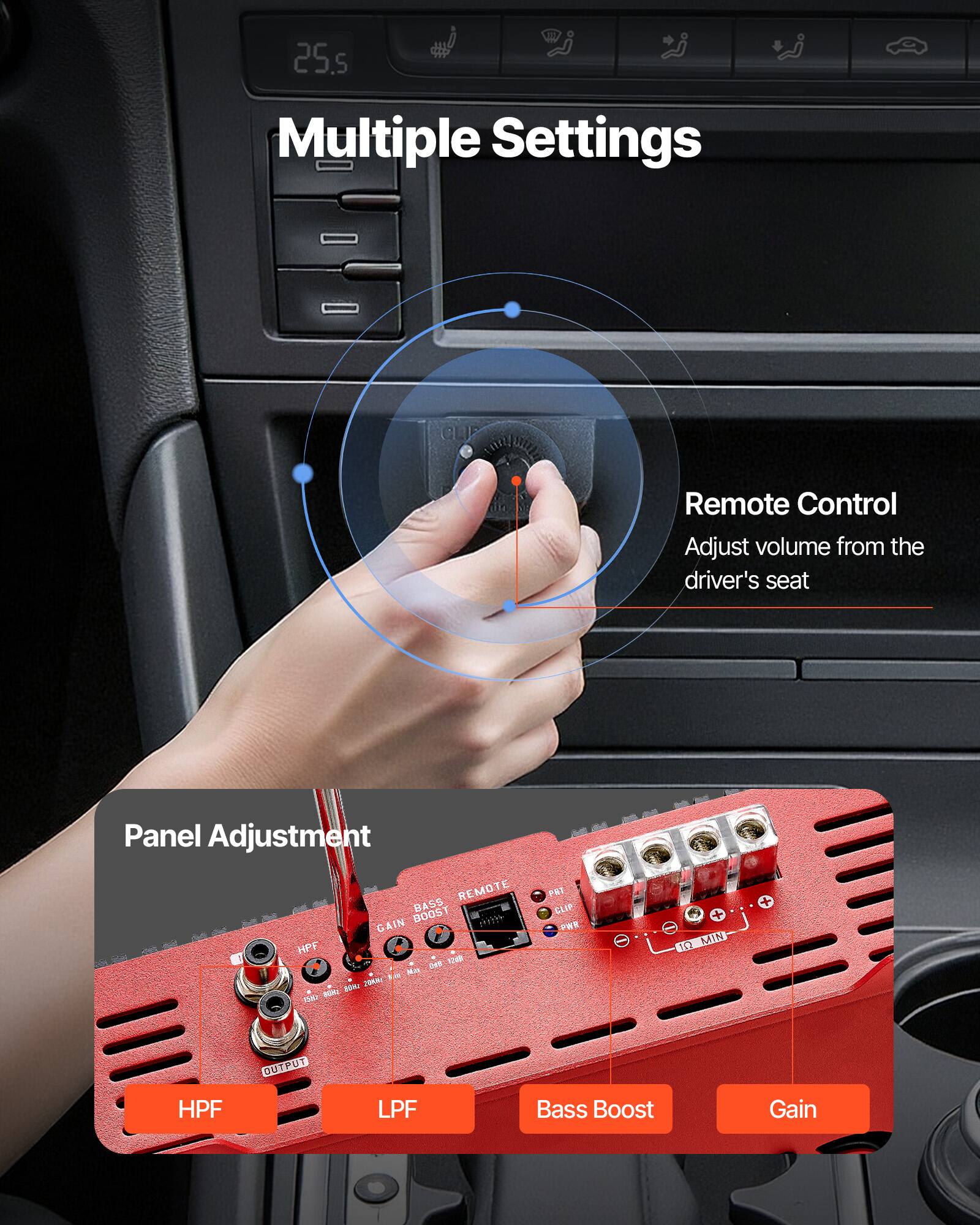 25.5 Multiple Settings  
Remote Control  
Adjust volume from the driver's seat  

Panel Adjustment  
REMOTE BASS GAIN BOOST HPF 12 Mize 1.15 20 1500 800  
PAT CLIP 10 MIN  
HPF  
OUTPUT  
LPF  
Bass Boost  
Gain