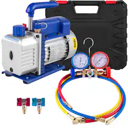 VEVOR - 3CFM 1/4HP Single Stage Air Vacuum Pump HVAC R134a R12 R22 R410a A/C Refrigeration Kit AC Manifold Gauge R134 Can Tap - Blue;Red;Black