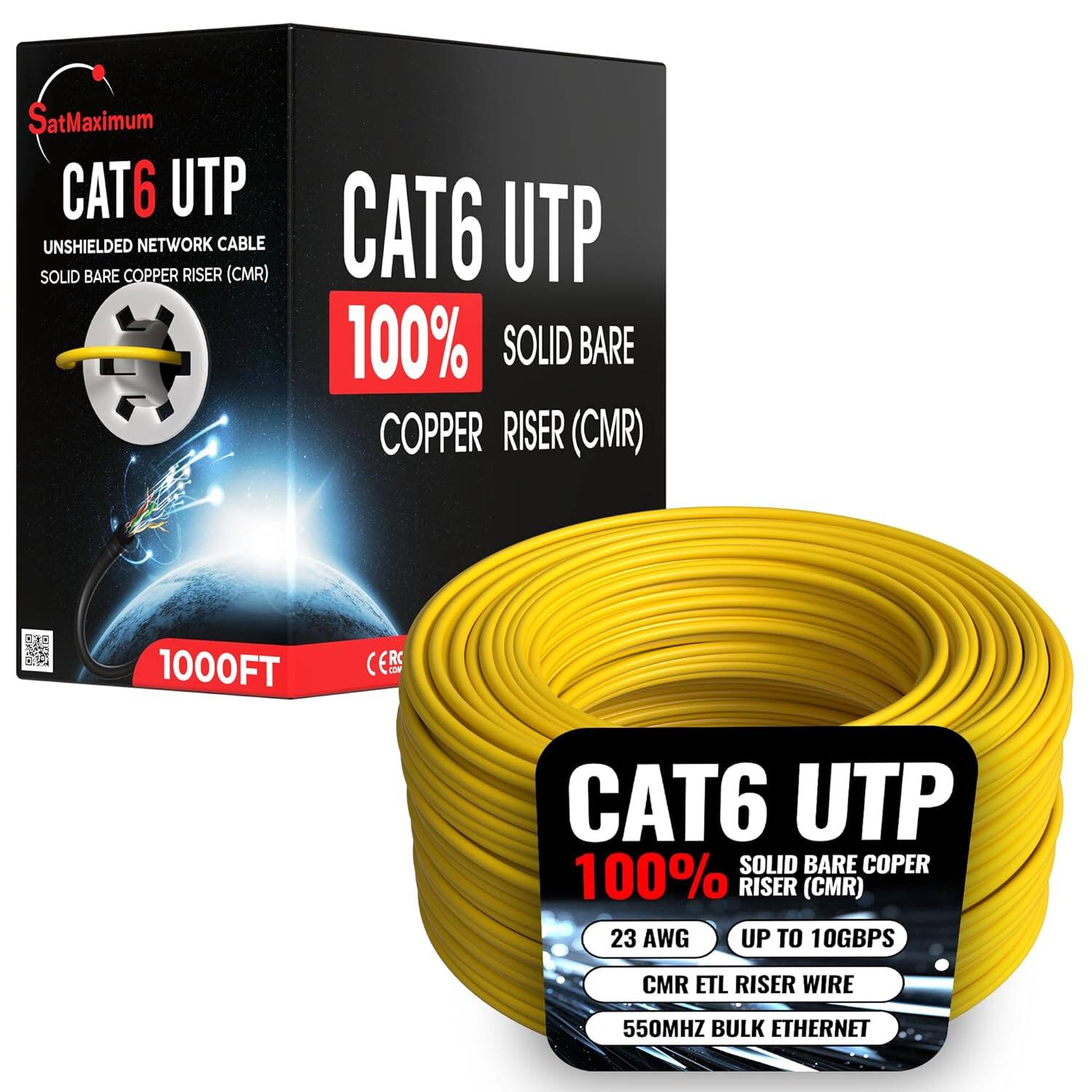 Cables Direct Online - Cat6 23AWG 1000FT Solid Bare Copper CMR ETL Riser Rated Cable, 550MHz Bulk Ethernet Wire with PoE Support - Yellow