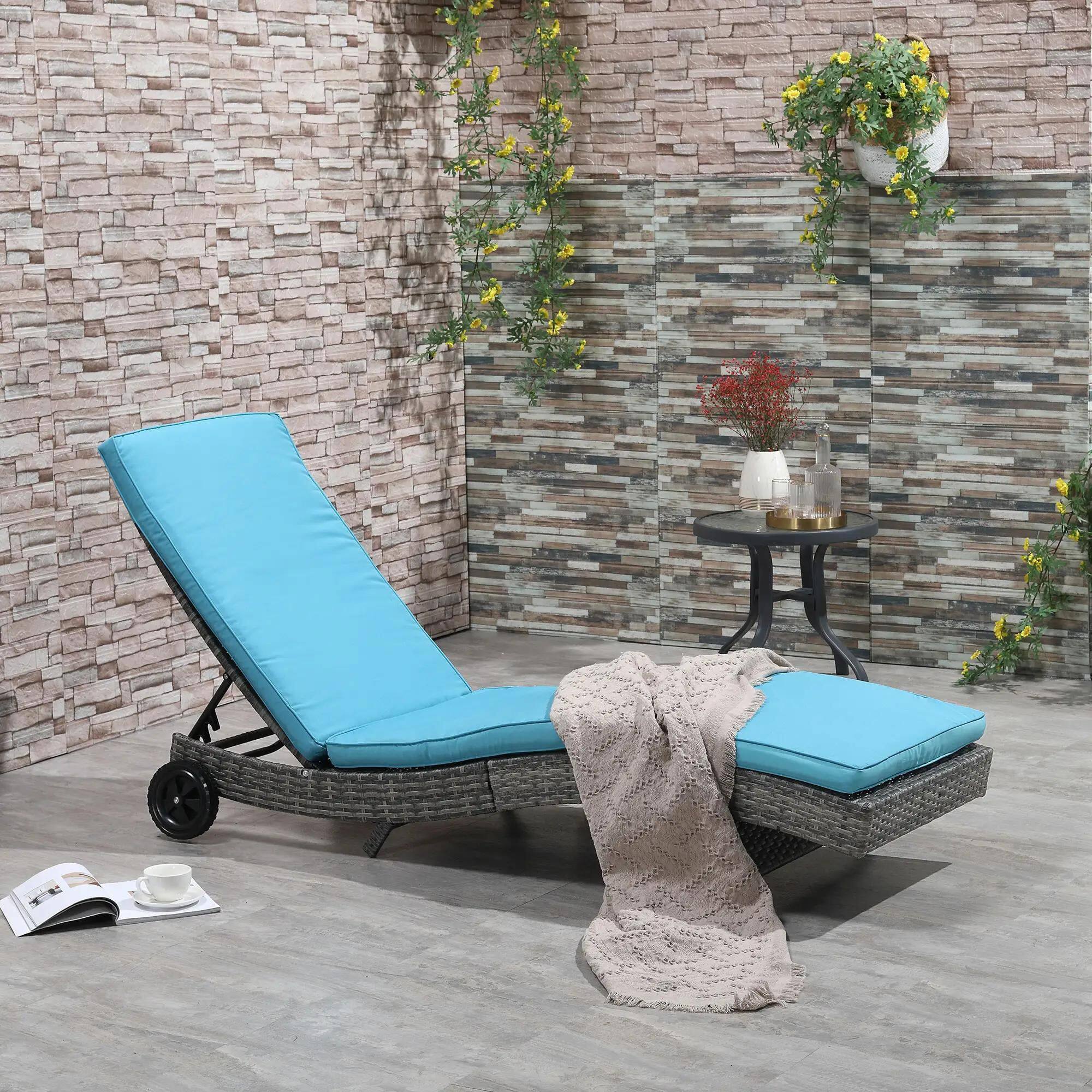 Alt View 7. Resenkos - Resenkos Chaise Lounger With 5-Level Backrest Adjustment, Cushioned Patio Sun Lounger, Easy-Moving Wheels, Sky Blue - Sky Blue.