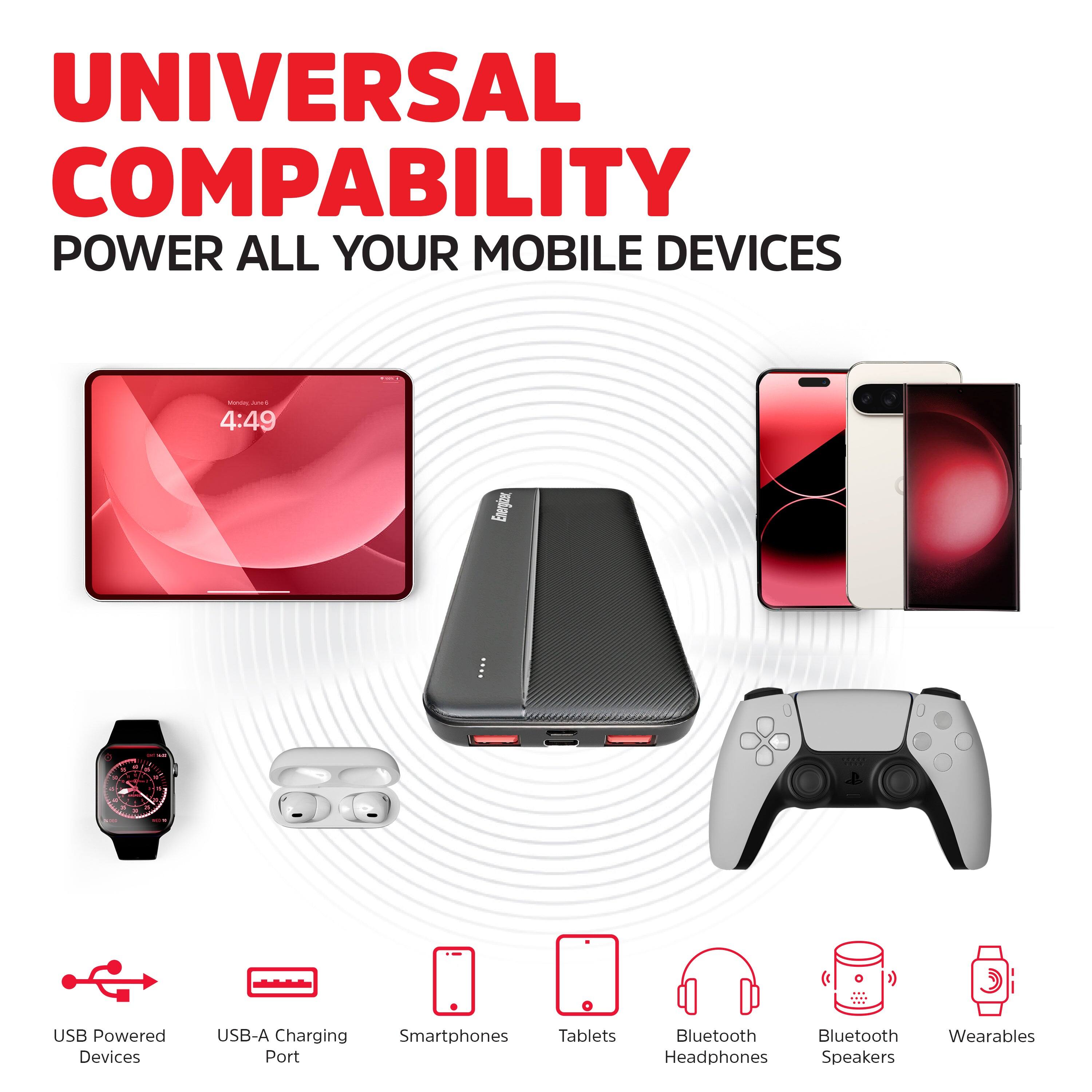 UNIVERSAL COMPATIBILITY  
POWER ALL YOUR MOBILE DEVICES

vionaly Survey 4:49  
Energizer.

5g  
NEW a  
USB Powered Devices  
USB-A Charging Smartphones Tablets Port  
Bluetooth Bluetooth Headphones Speakers  
Wearables