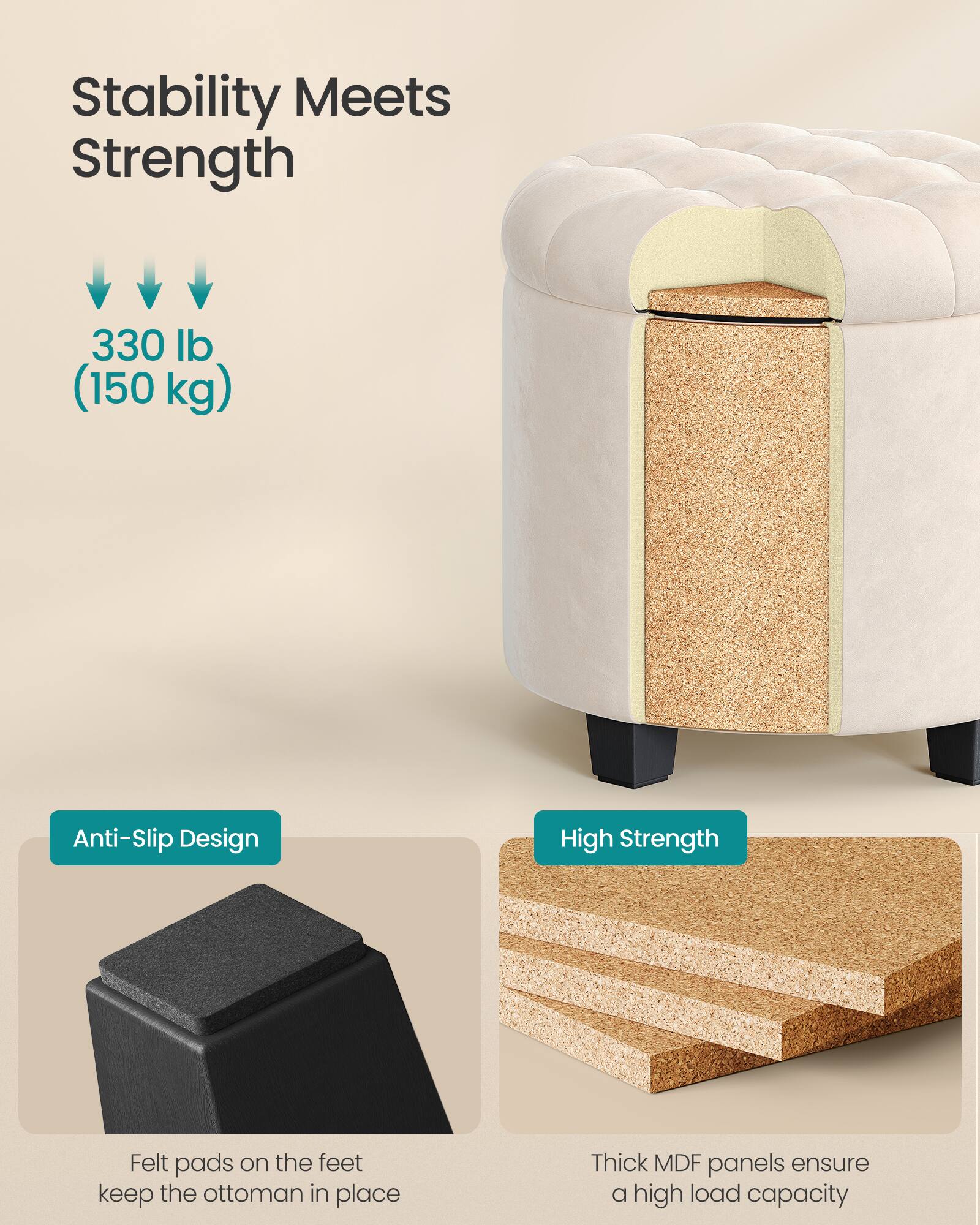Stability Meets Strength

330 lb (150 kg)

Anti-Slip Design
Felt pads on the feet keep the ottoman in place

High Strength
Thick MDF panels ensure a high load capacity