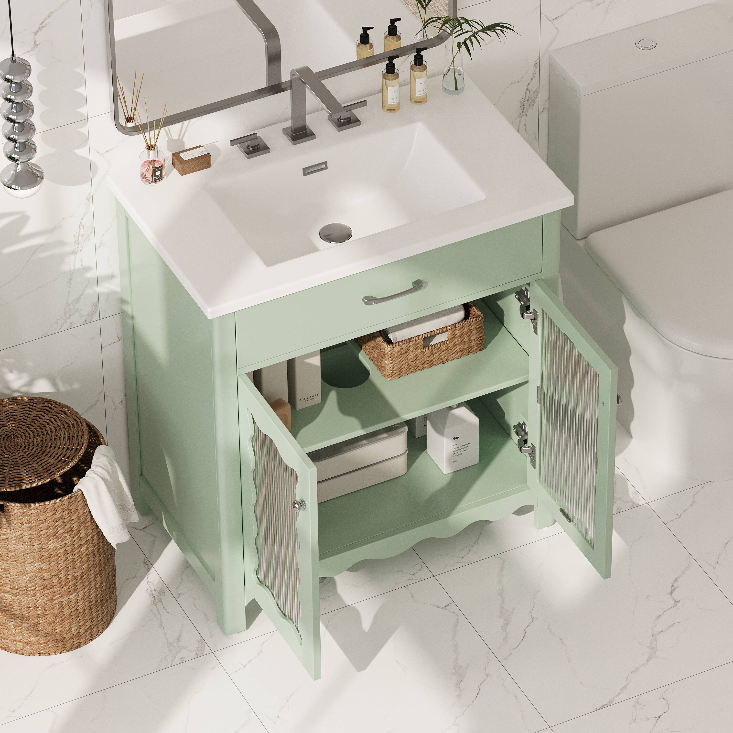 Alt View 1. Loheer - 2.58 ft Bathroom Vanity with Tempered Glass, Soft Close Doors and Rubber Wood Legs - Green.