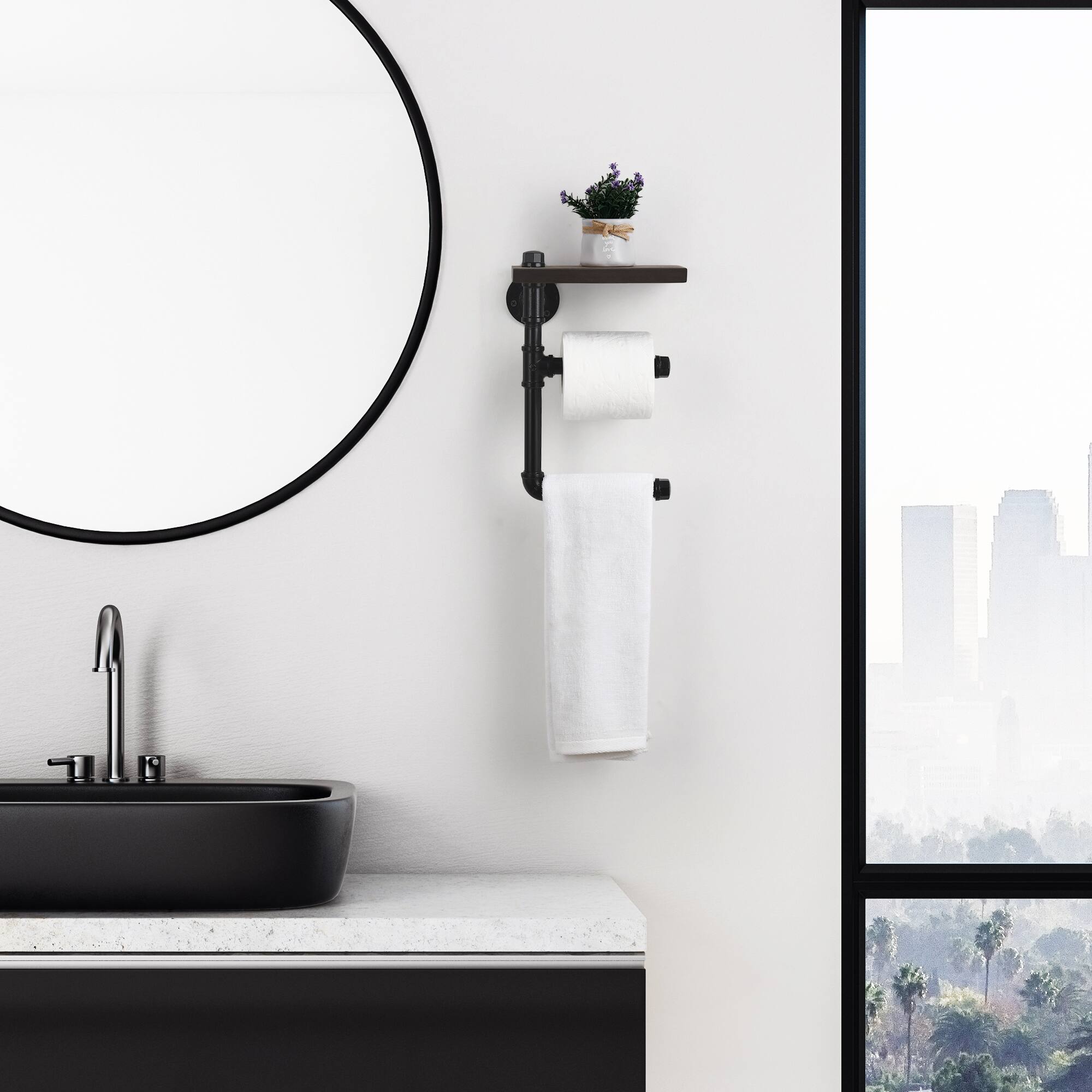 Alt View 1. Oumilen - Industrial Pipe Double Toilet Paper Holder with Dark Brown Shelf – Wall Mounted 2-Roll Tissue Rack.