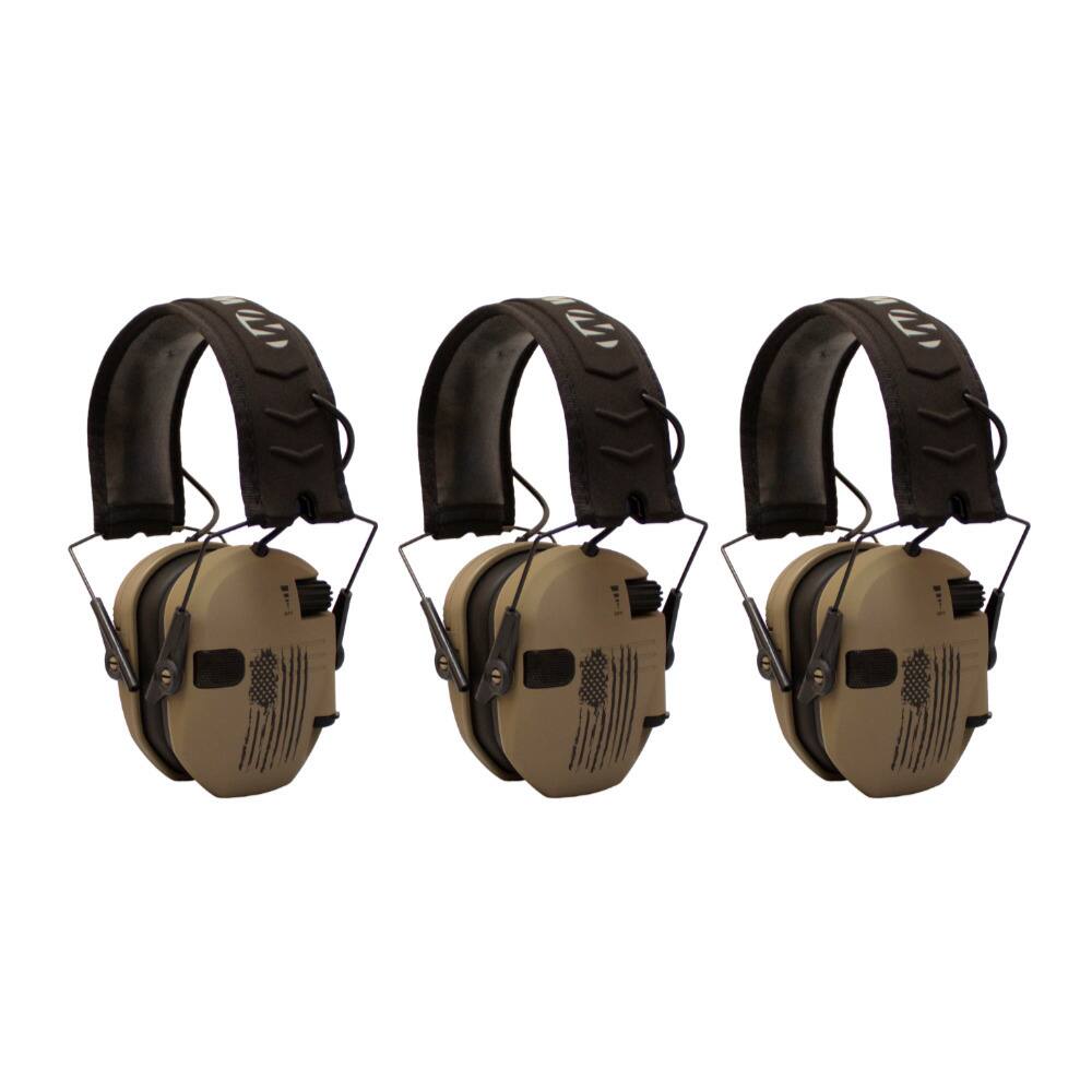Front. Walkers - Walker’s Razor Shooting Muffs (Distressed Flag) 3-Pack - Tan.