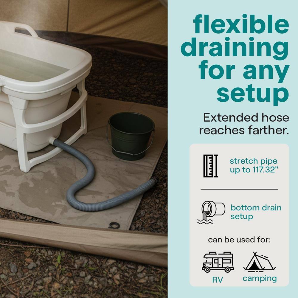 flexible draining for any setup  
Extended hose reaches farther.  
stretch pipe up to 117.32"  
bottom drain setup  
can be used for:  
RV  
camping