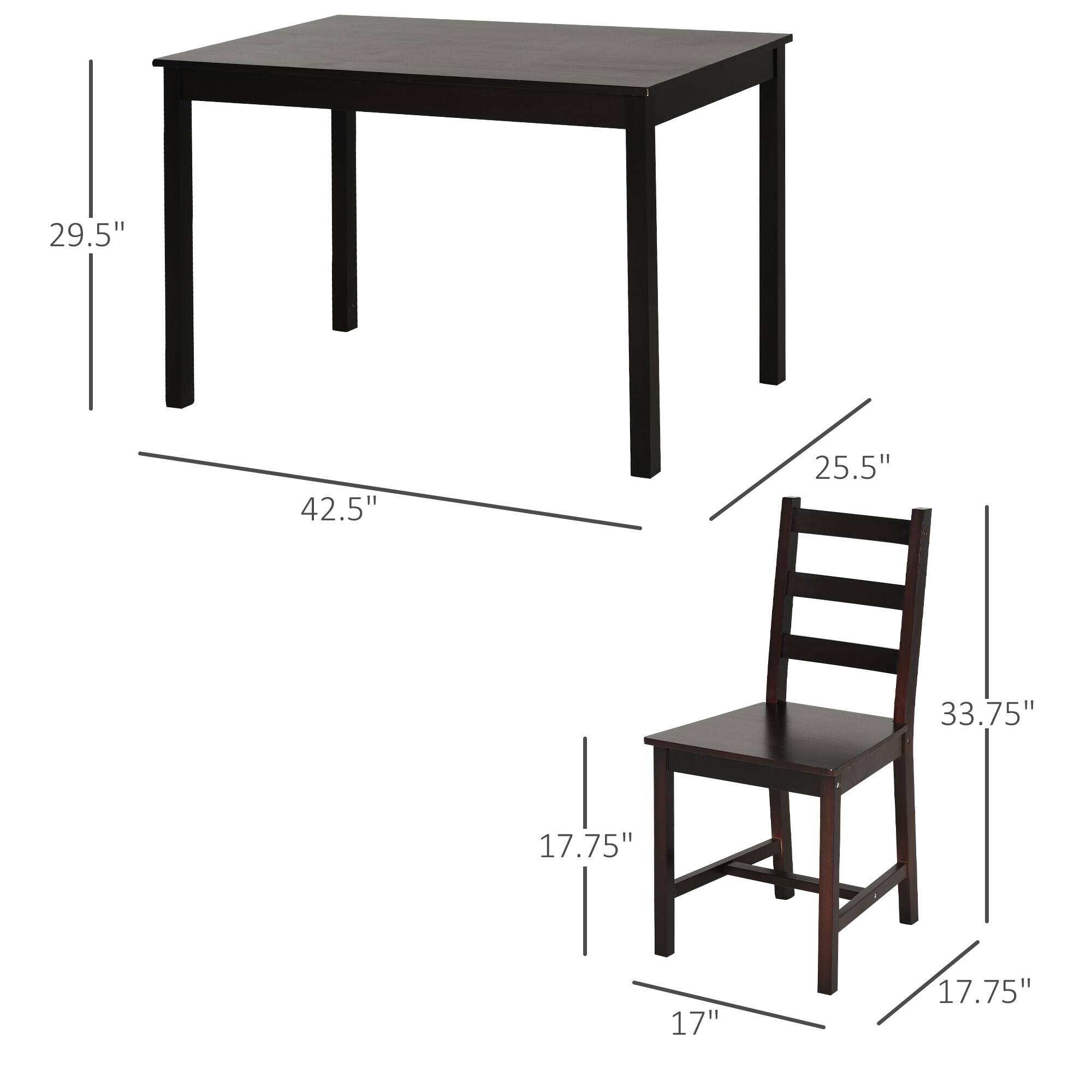 - Table dimensions: 42.5" (width) x 29.5" (depth) x 25.5" (height)
- Chair dimensions: 17" (seat width) x 17.75" (seat depth) x 33.75" (height)