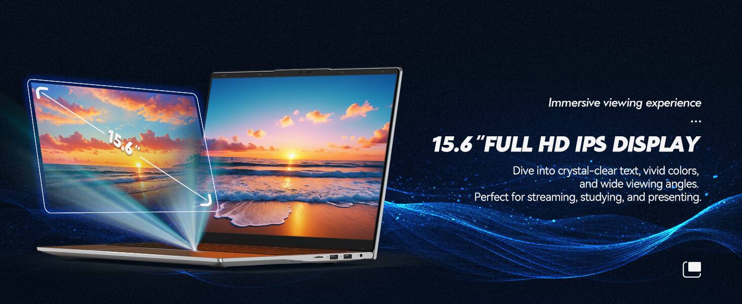15.6" Immersive viewing experience

15.6" FULL HD IPS DISPLAY

Dive into crystal-clear text, vivid colors, and wide viewing angles. Perfect for streaming, studying, and presenting.