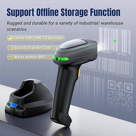 Support Offline Storage Function  
Rugged and durable for a variety of industrial/warehouse scenarios  

- Stores 5000 EAN-13 barcodes  
- Quickly Scan the Code  
- Works without WiFi  

771234 567003 62222 6 S 226584854785222226